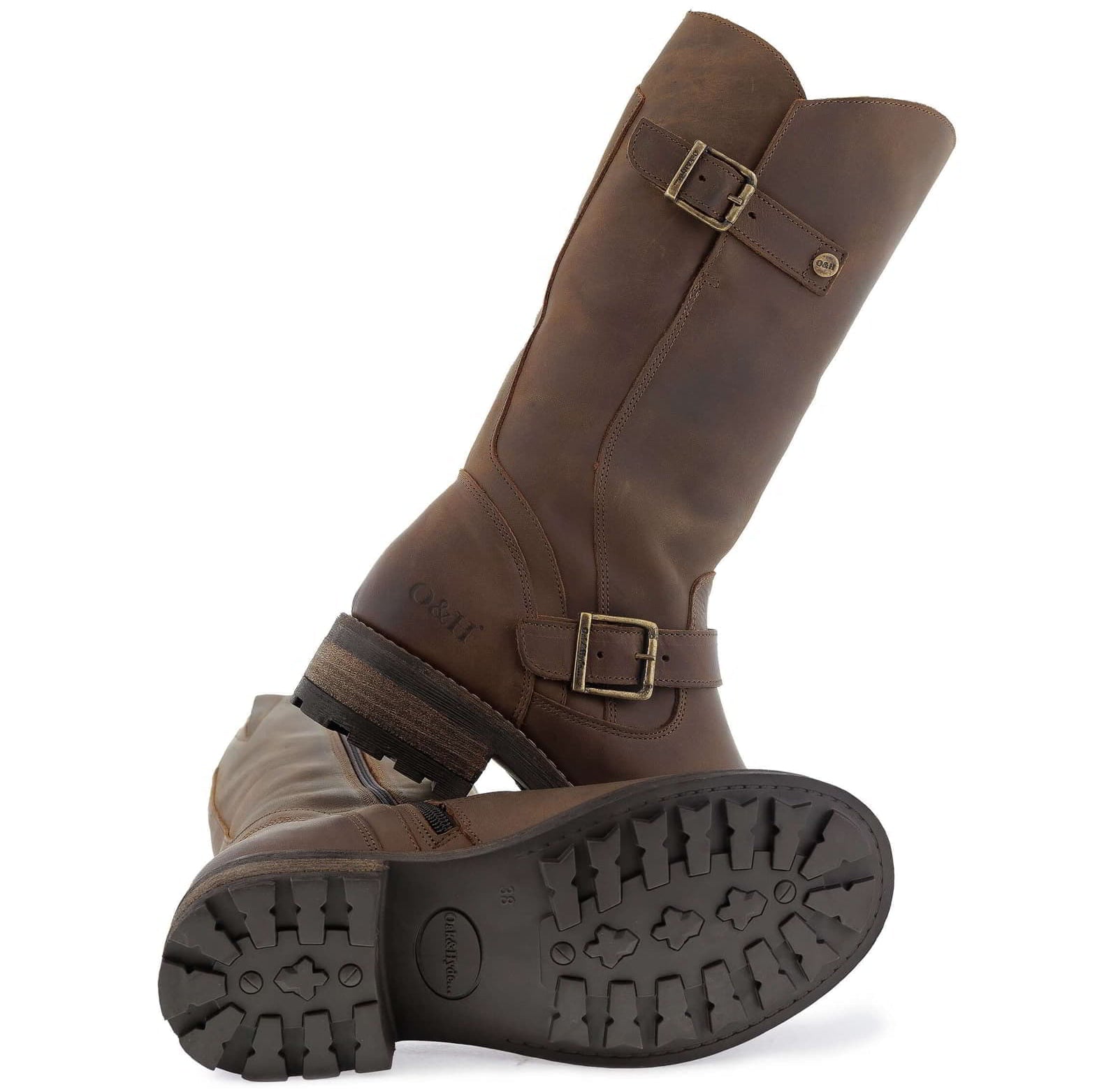 Outsole of dark brown Crest 2 tall boots showing tread pattern