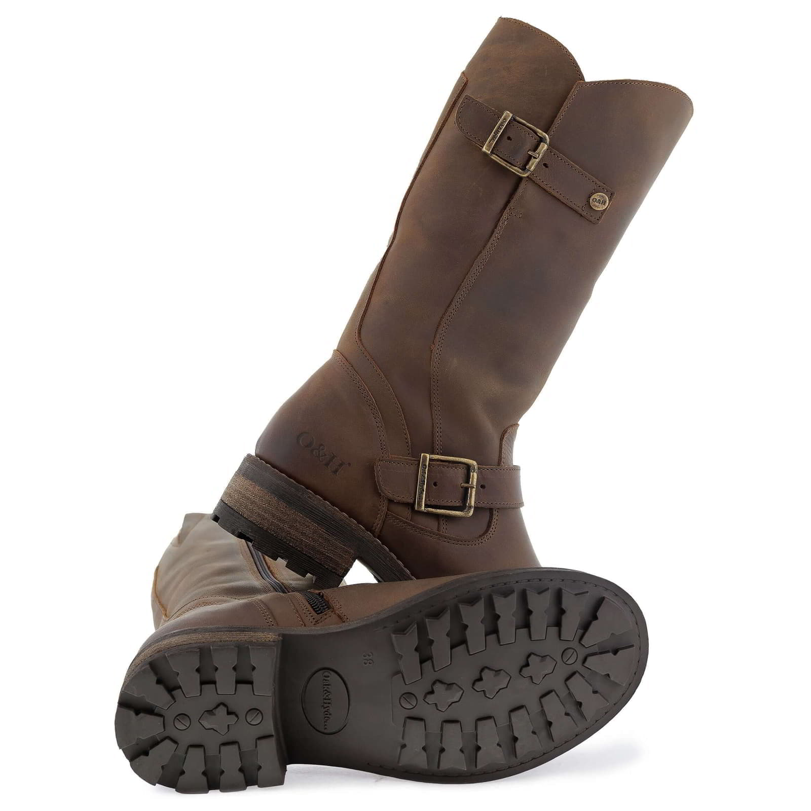 Outsole of dark brown Crest 2 tall boots showing tread pattern