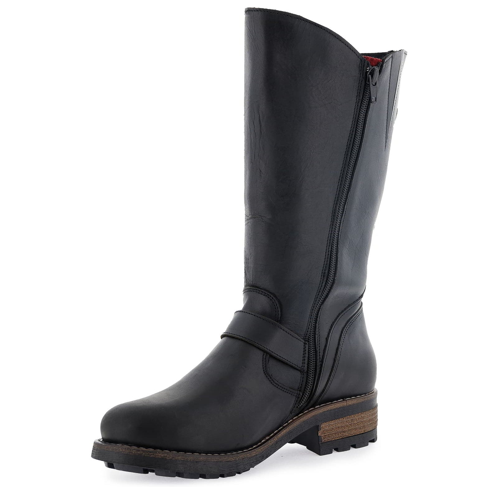 Inner side view of black Crest 2 wide calf tall boots showing zip fastening