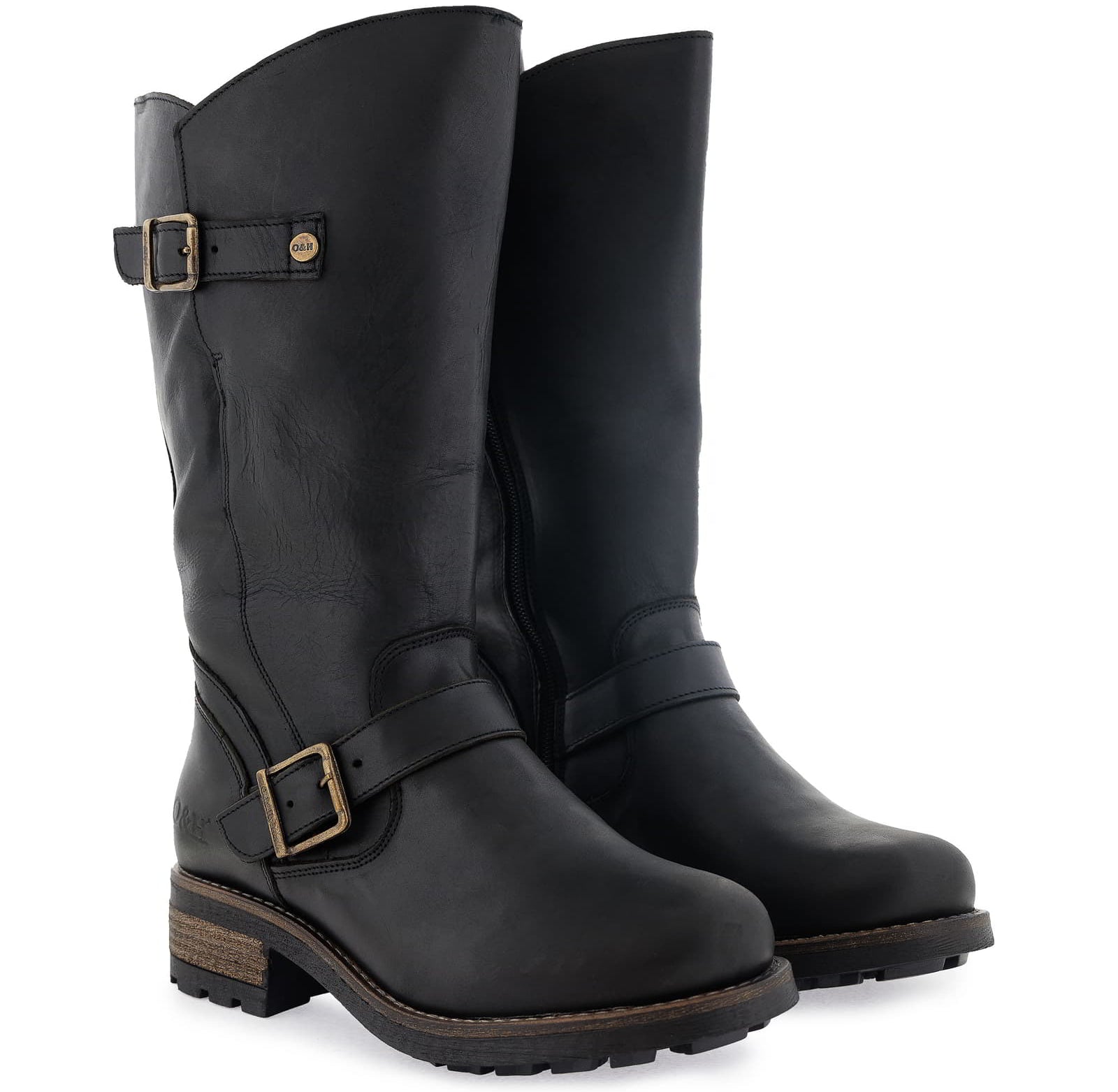 Pair of black Crest 2 wide calf tall boots shown from a front angled perspective