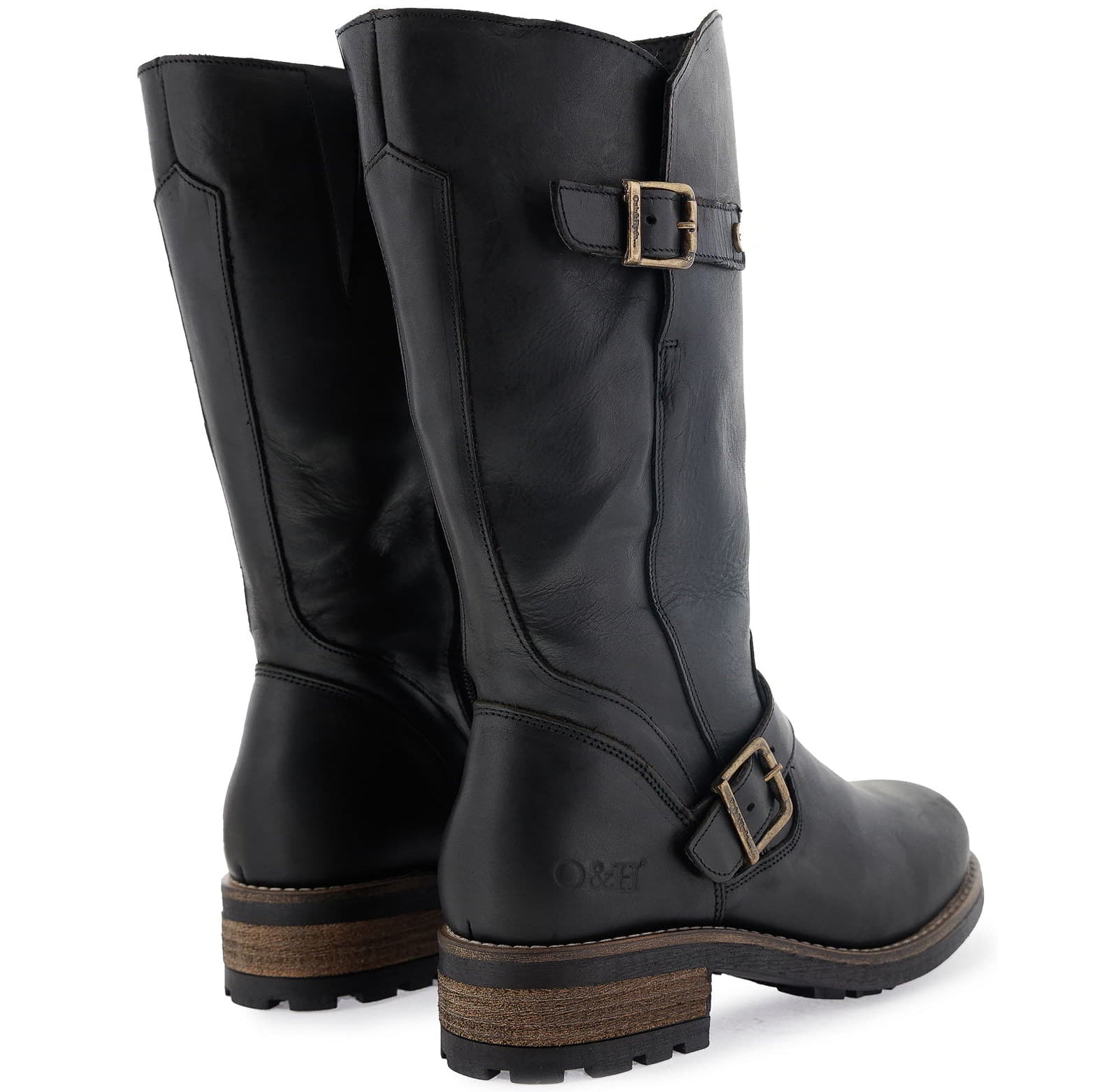 Pair of black Crest 2 wide calf tall boots shown from a side angle