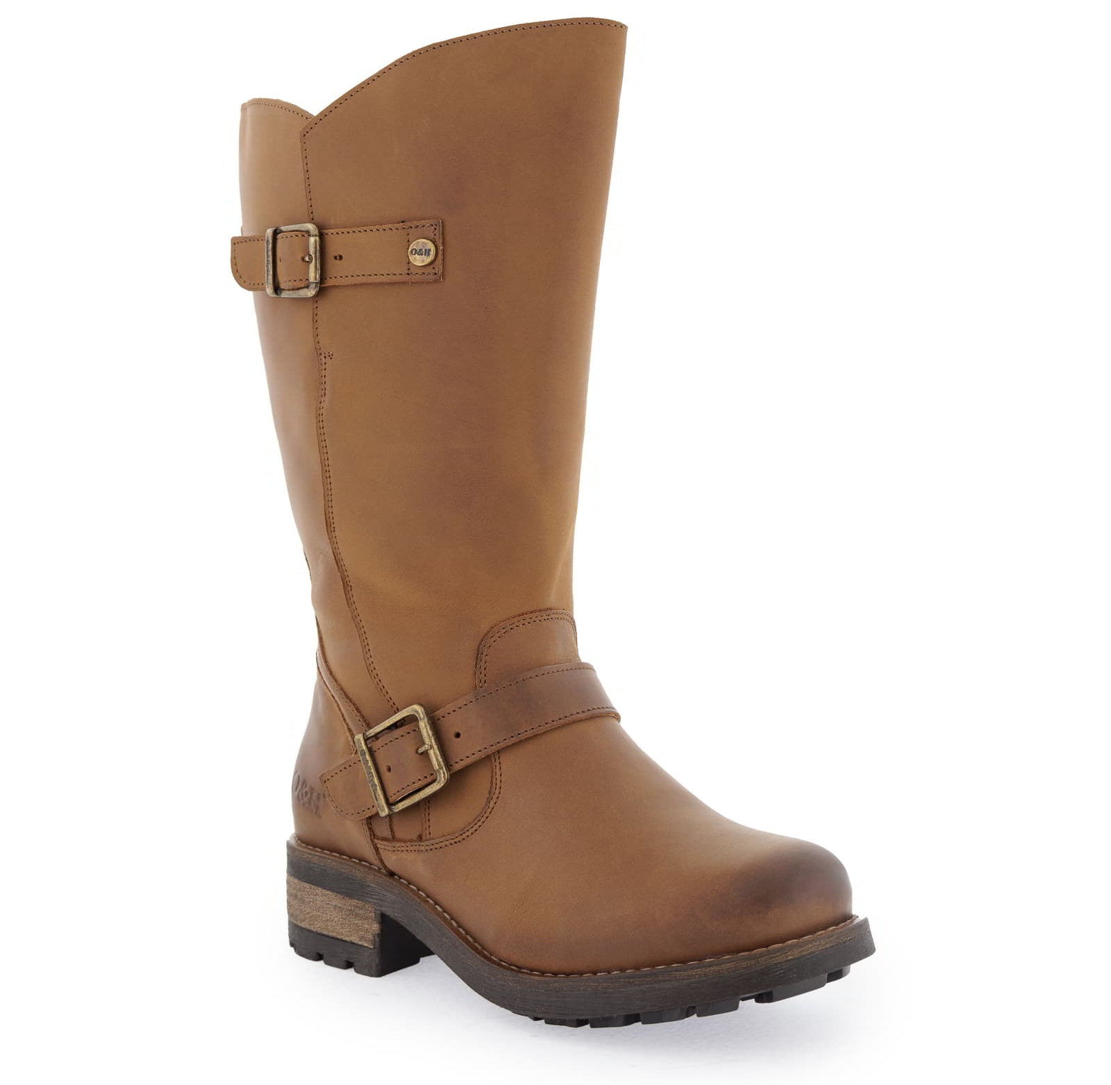 Front angled view of cognac Crest 2 wide calf boots showing ankle buckle