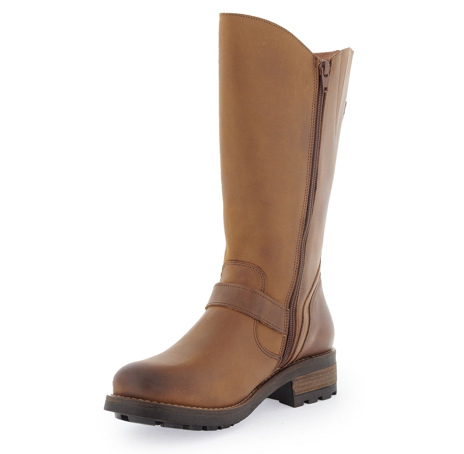 Inner side view of cognac Crest 2 wide calf boots showing zip fastening