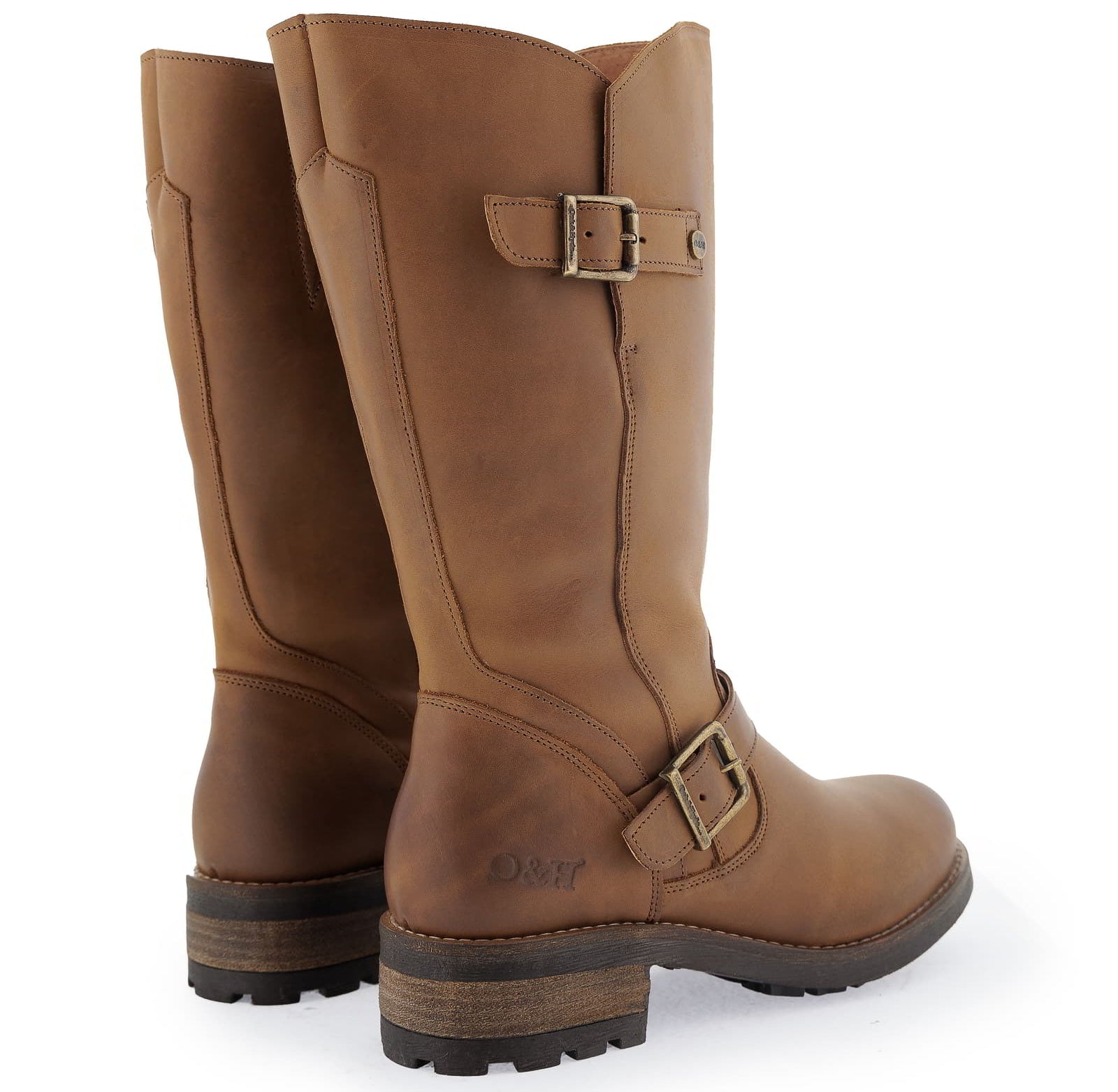 Rear angled view of cognac Crest 2 wide calf boots with stacked heel