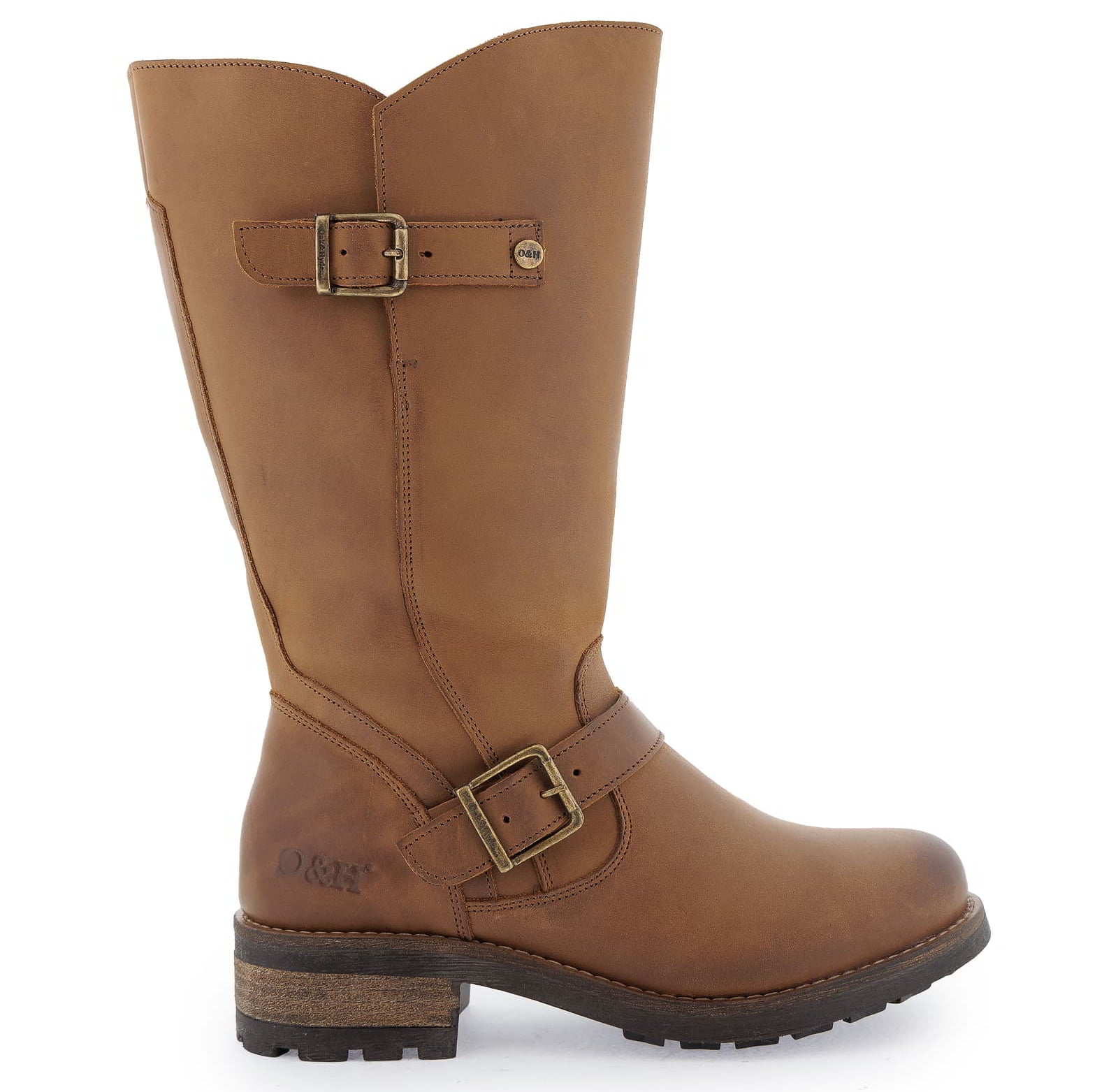 Side profile of cognac Crest 2 wide calf tall boots with buckle detail