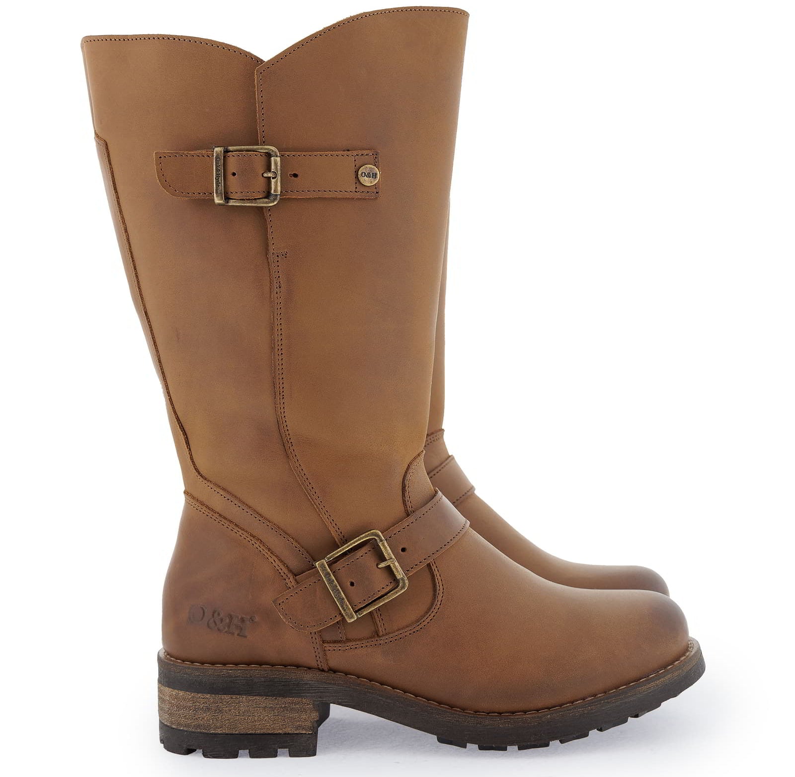 Side view of cognac Crest 2 wide calf boots showing buckles and sole