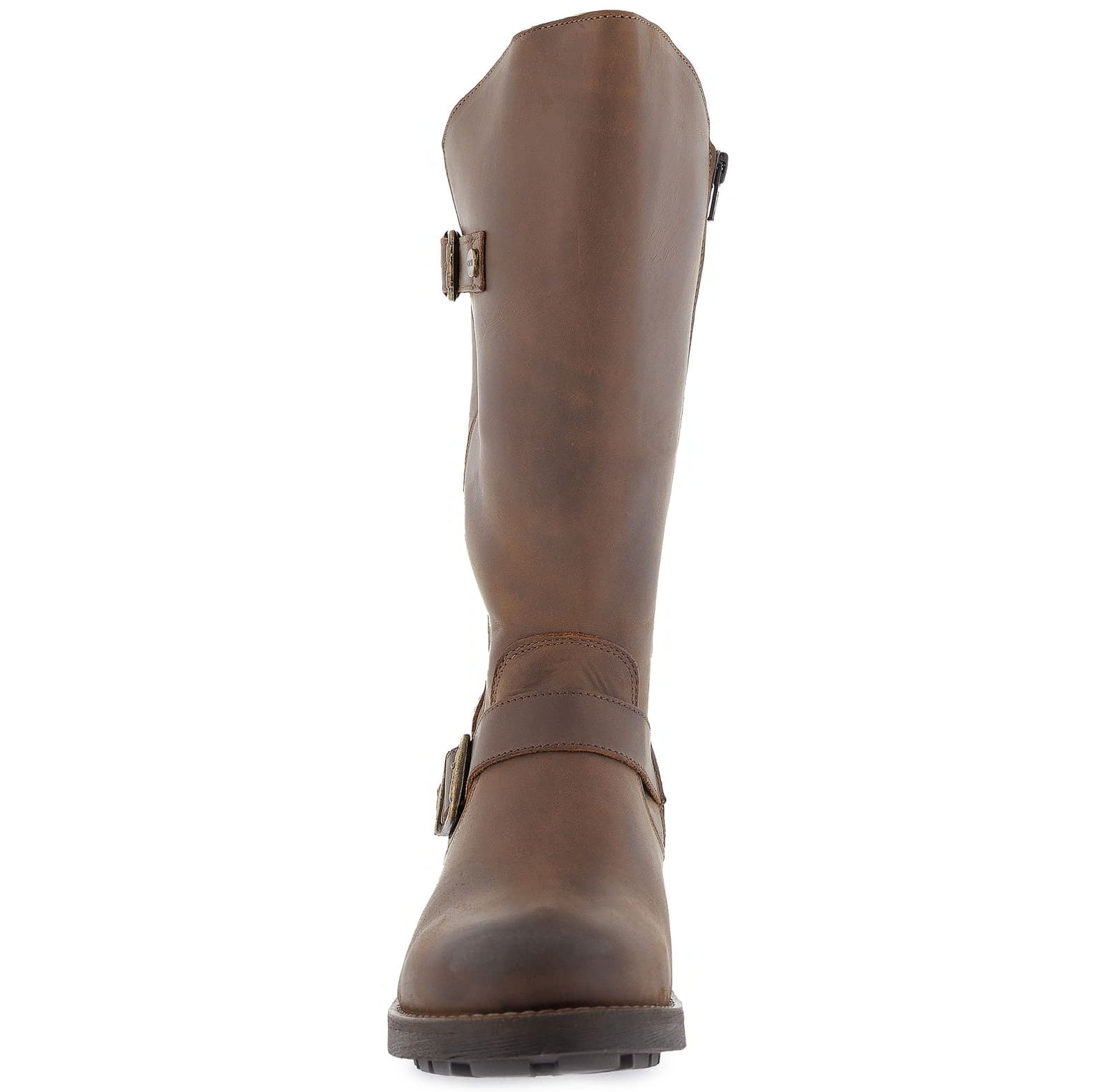 Front view of dark brown Crest 2 wide calf boots showing rounded toe shape