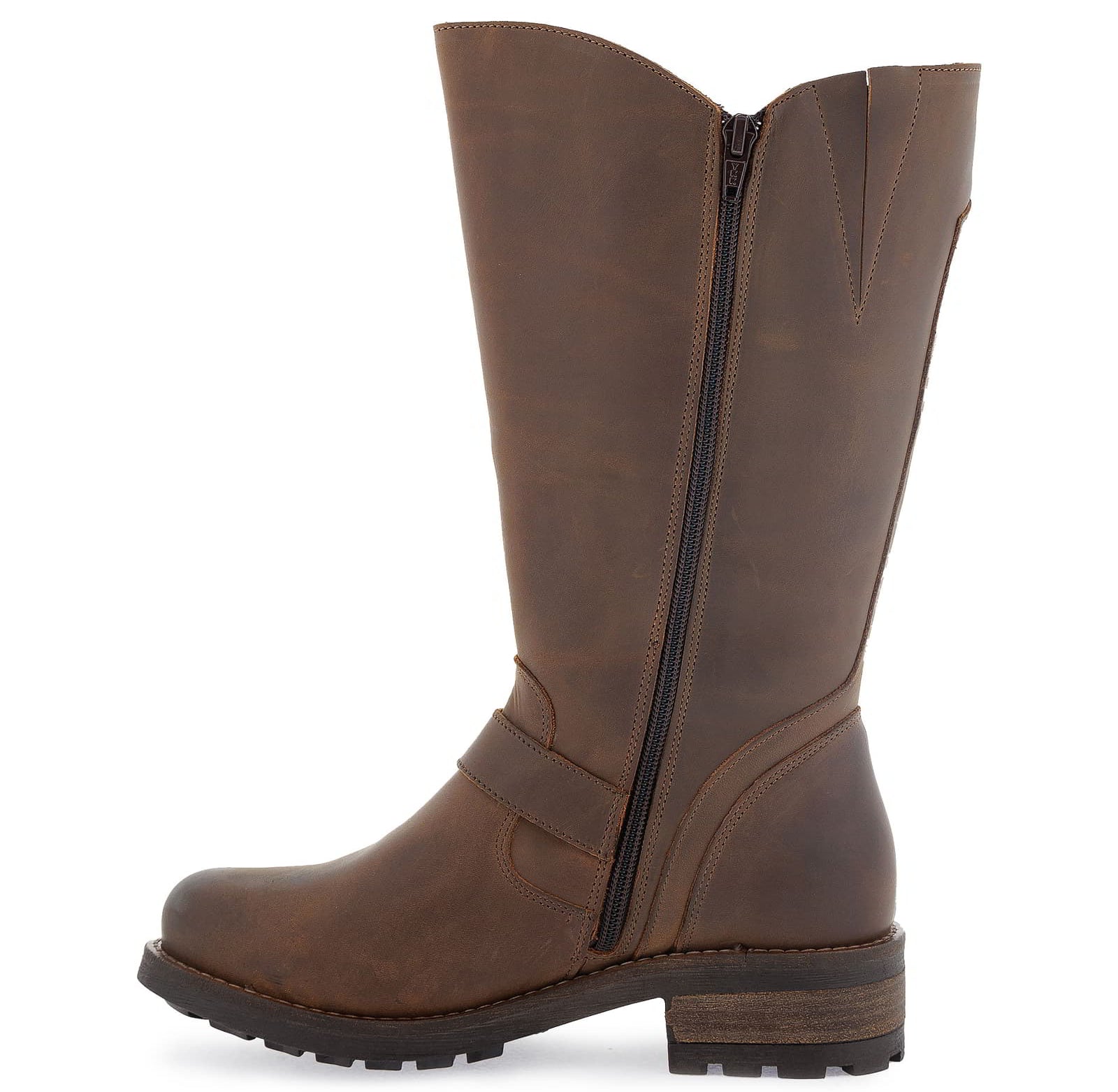 Outer side view of dark brown Crest 2 wide calf boots highlighting tall shaft