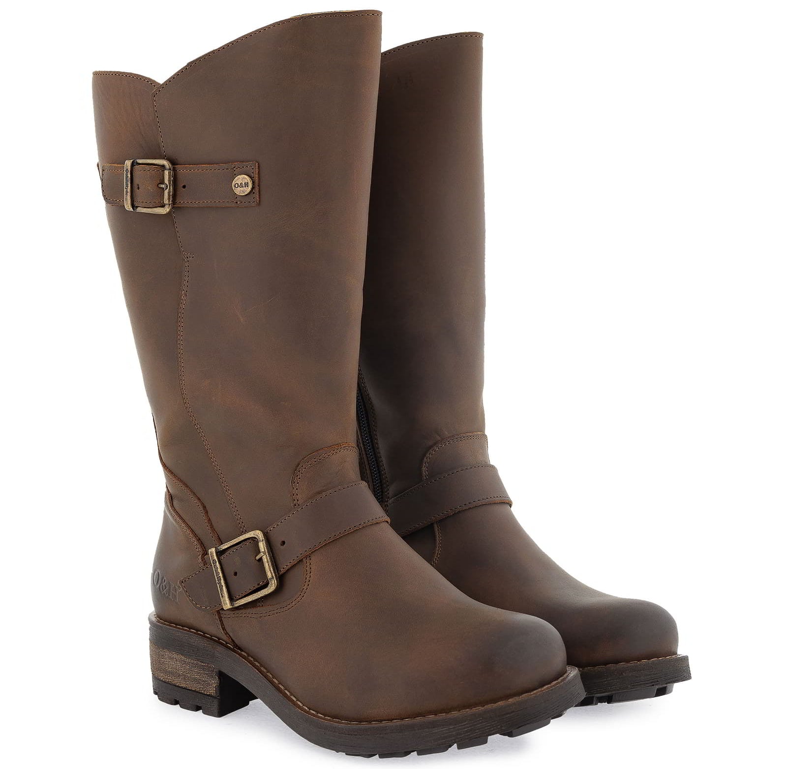 Pair of dark brown Crest 2 wide calf boots shown from a front angled perspective