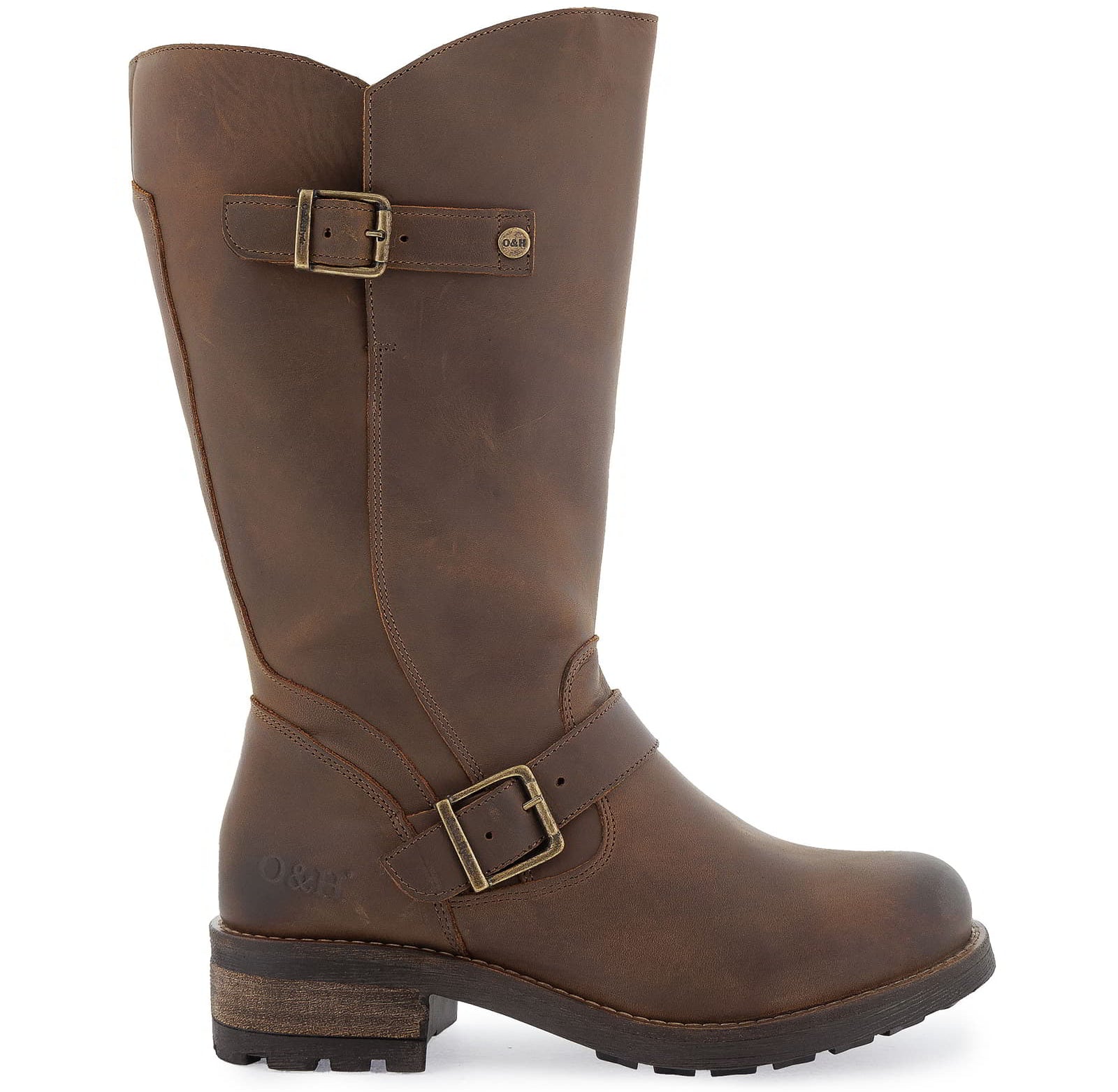 Side profile of dark brown Crest 2 wide calf tall boots with buckle detail