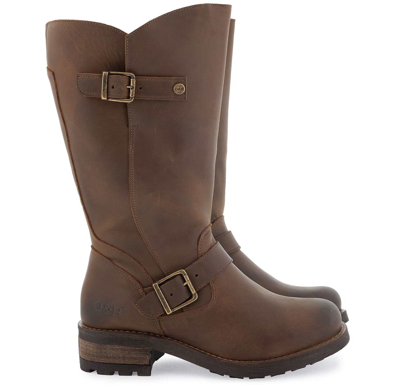 Side view of dark brown Crest 2 wide calf boots showing buckles and sole