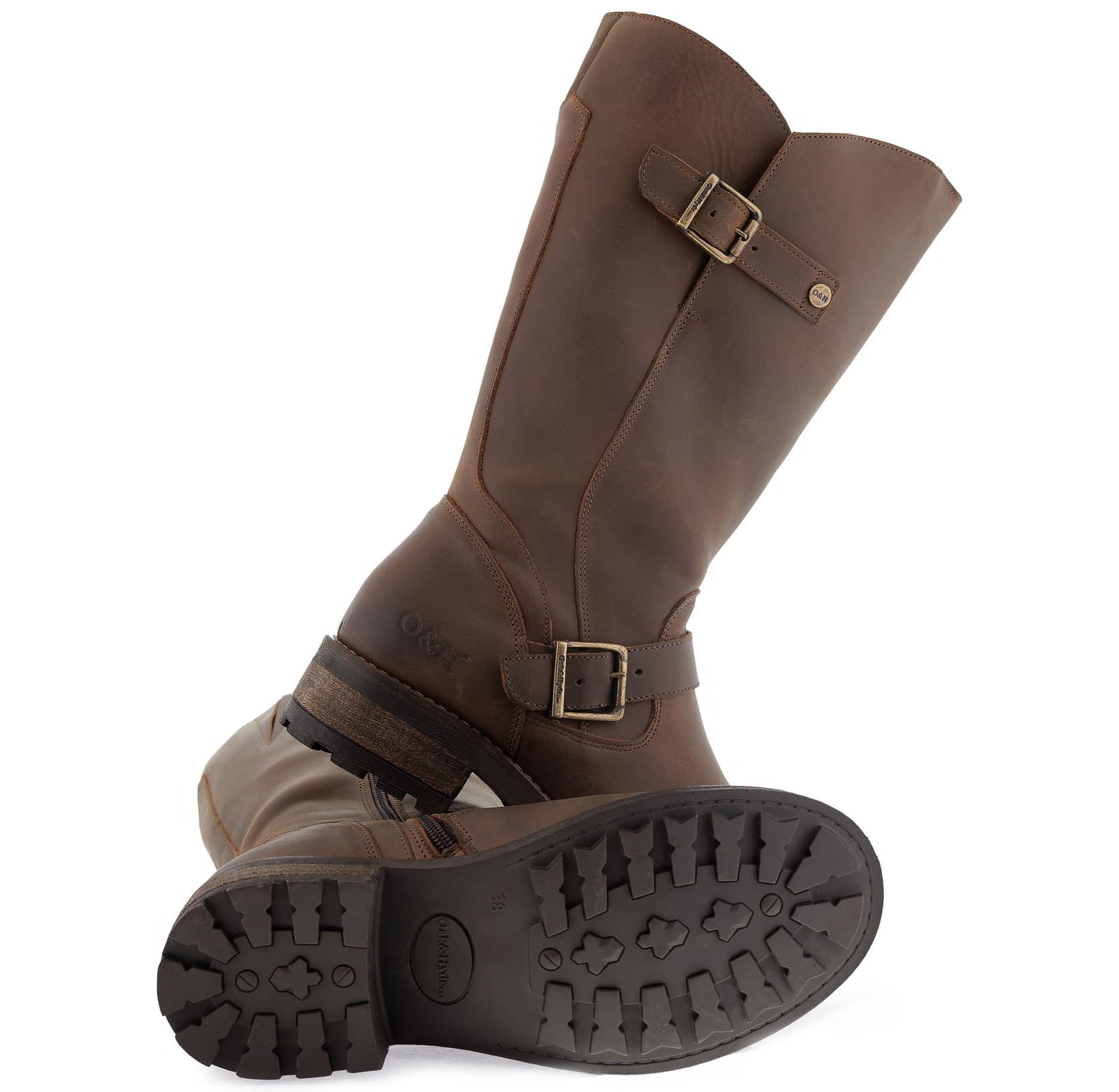 Outsole of dark brown Crest 2 wide calf boots showing tread pattern