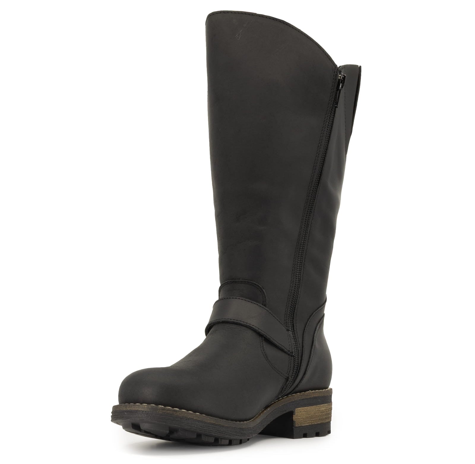 Inner side view of black Crest 2 wide calf tall boots showing zip fastening