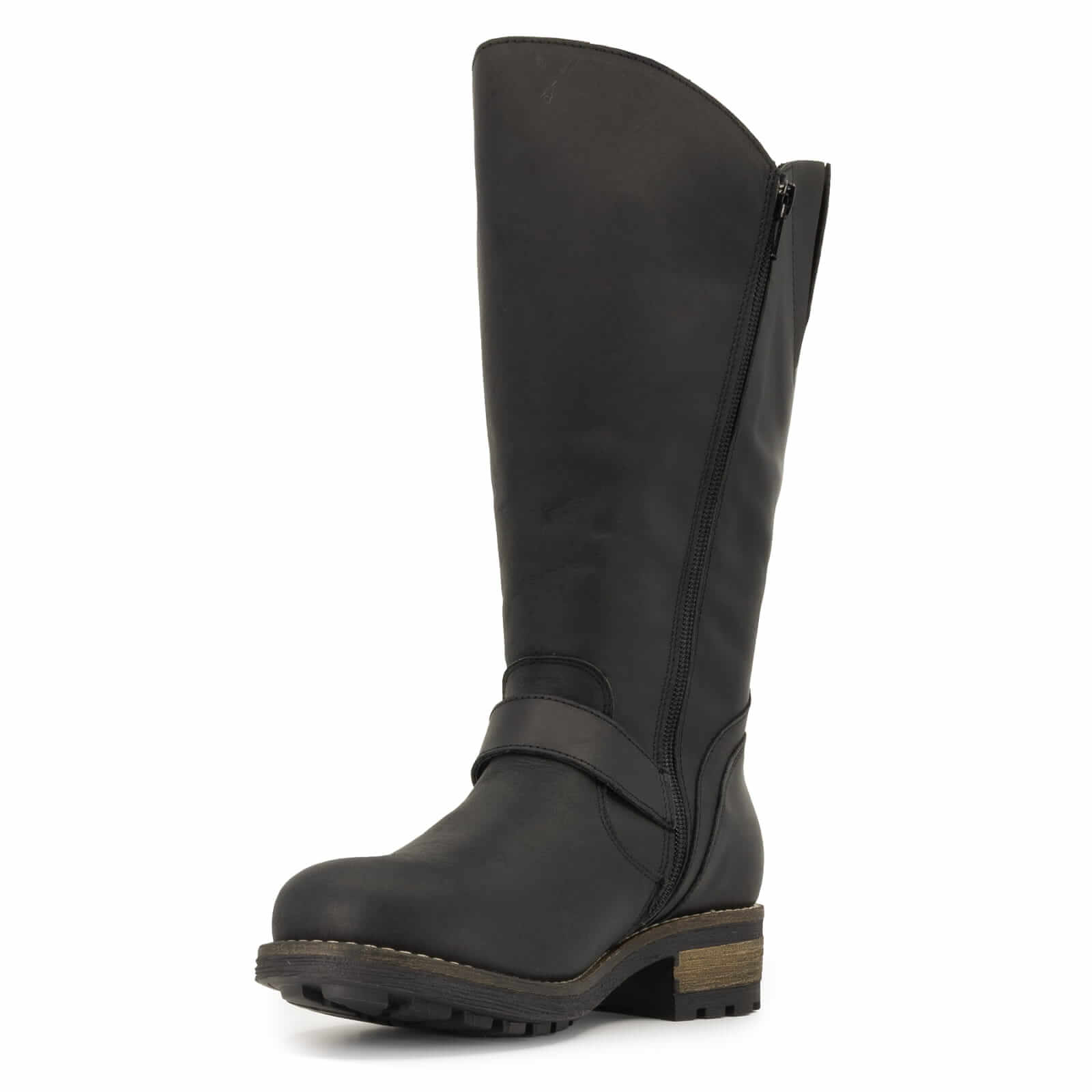 Inner side view of black Crest 2 wide calf tall boots showing zip fastening