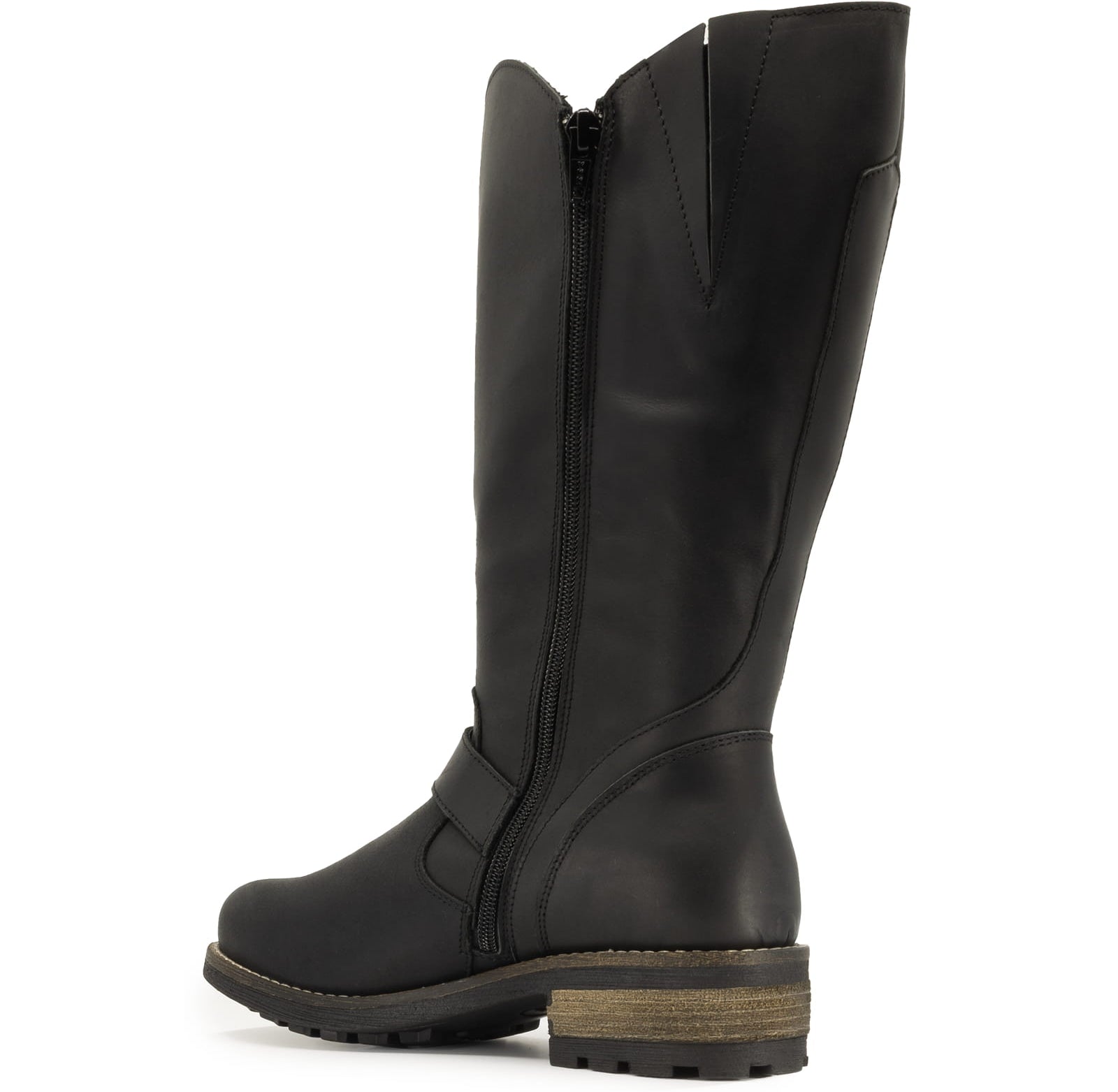 Inside angled view of black crest 2 wide calf boots showing inside zip