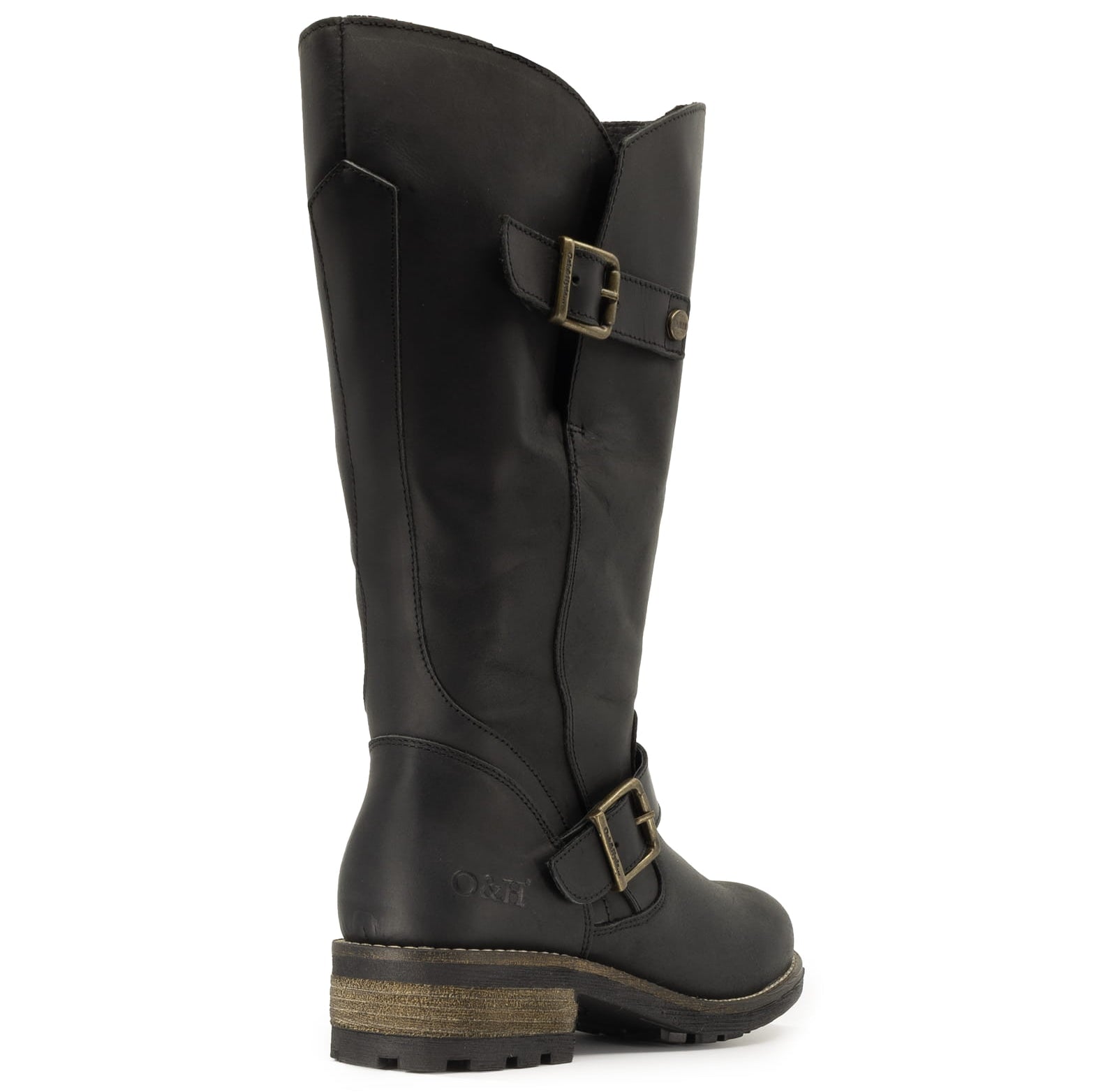 Heel view of crest 2 wide calf boots in black showing O&H branding and buckle details