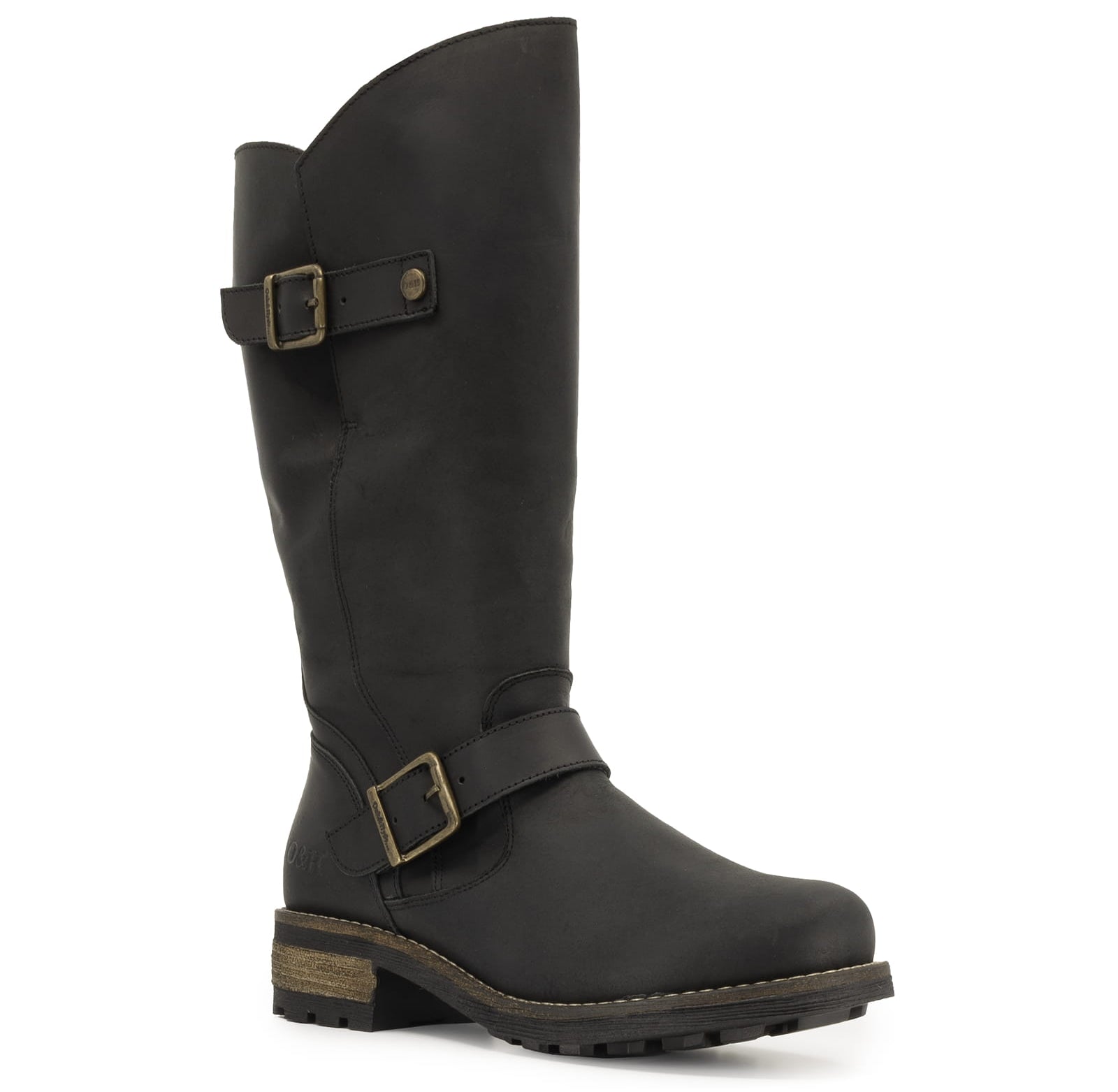 black Crest 2 wide calf tall boots shown from a front angled perspective