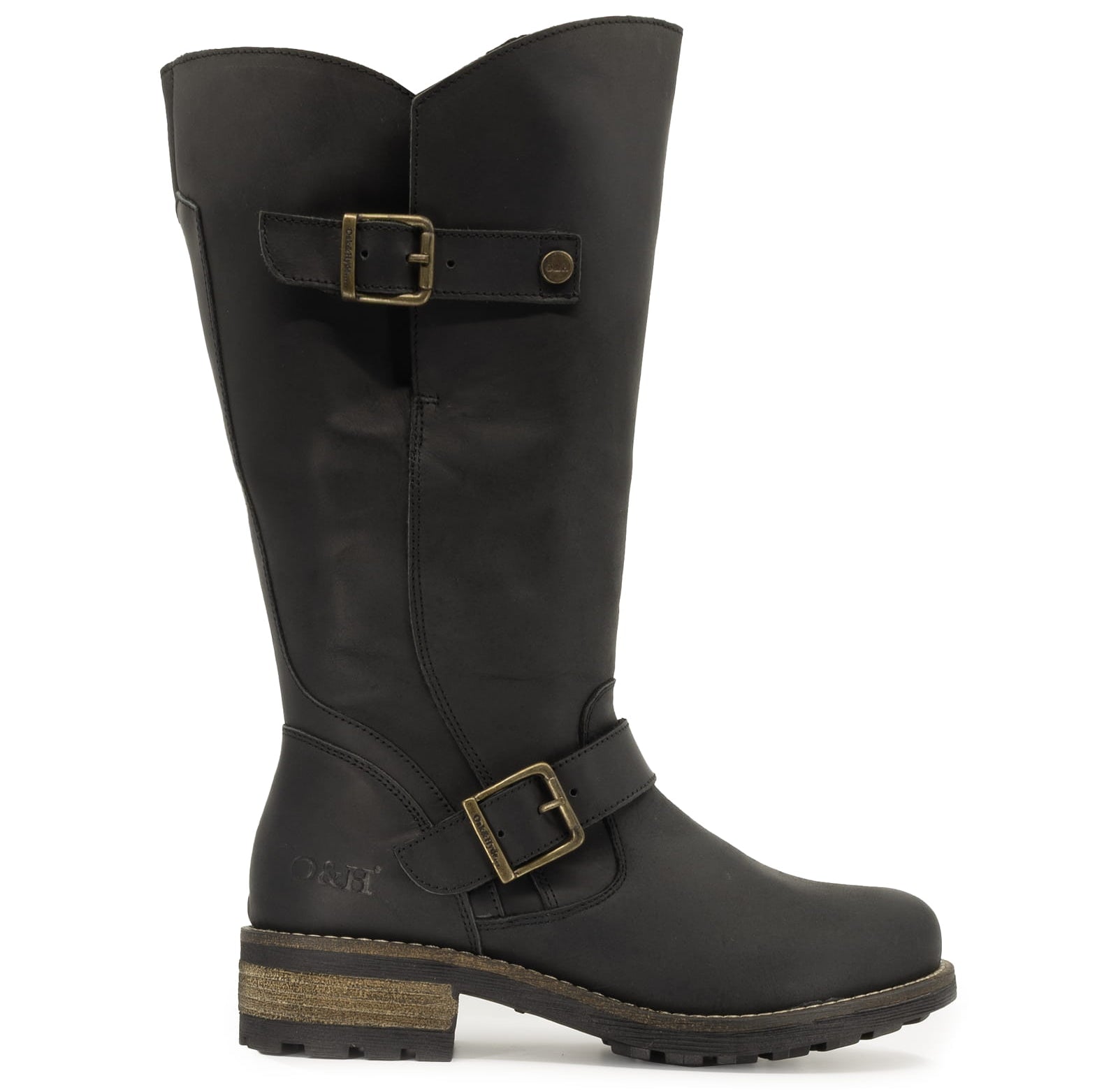 side view of crest 2 wide calf boots in black showing leather upper