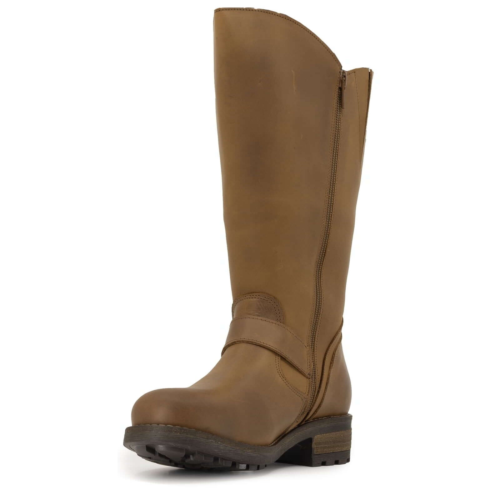 Inner side view of cognac Crest 2 wide calf boots showing zip fastening