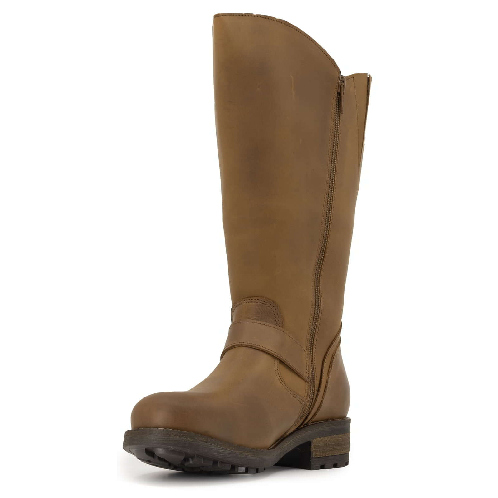Inner side view of cognac Crest 2 wide calf boots showing zip fastening
