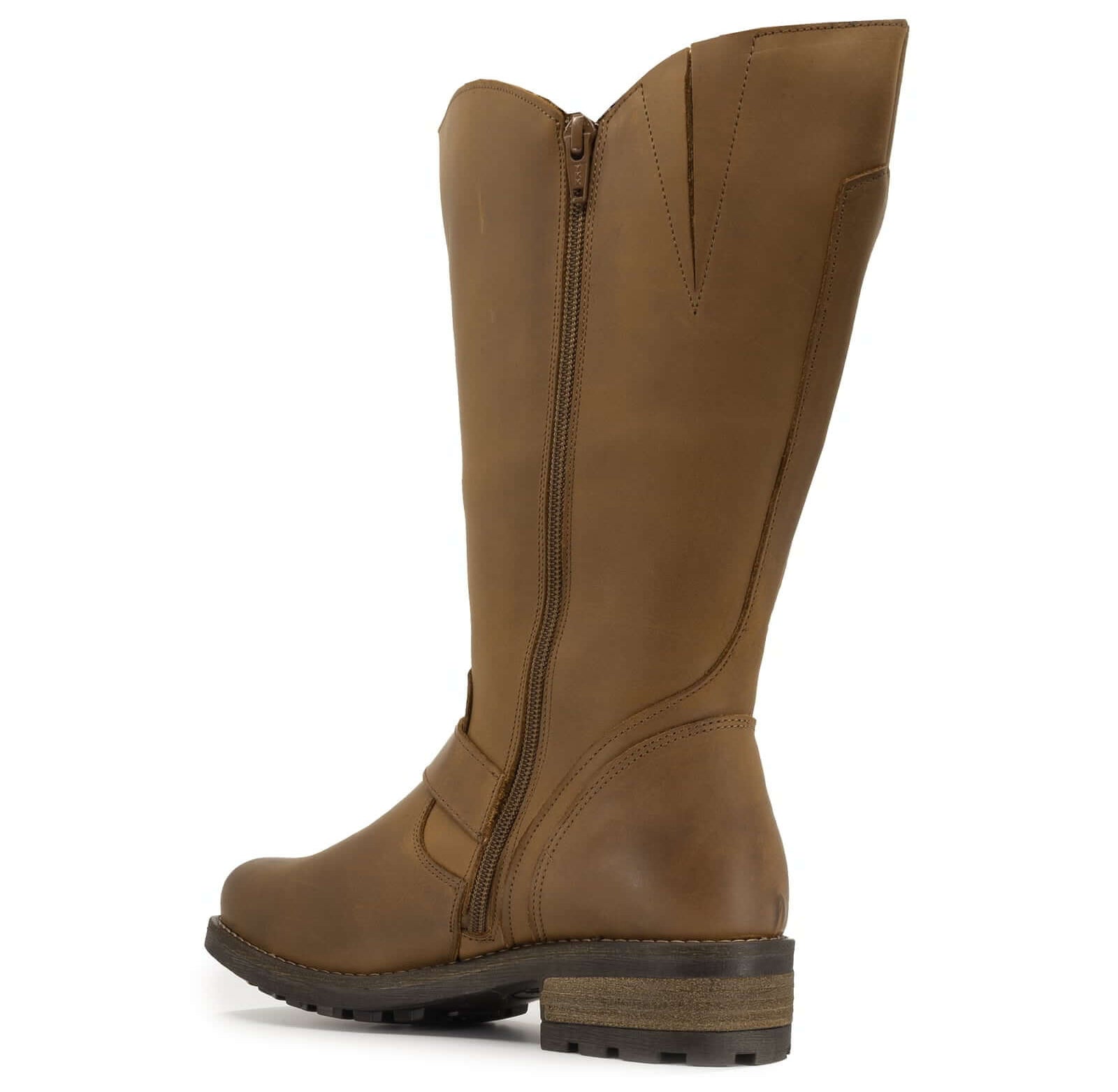 angled inside view of crest 2 wide calf boots in cognac showing full inside zip