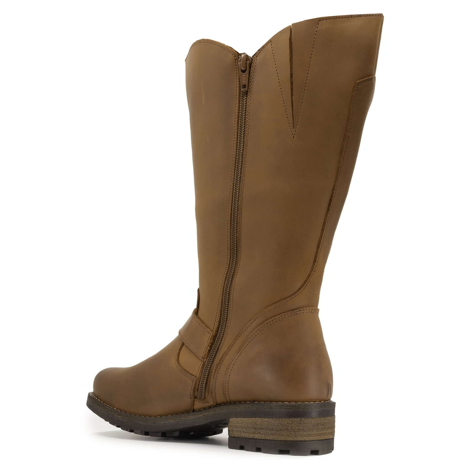 angled inside view of crest 2 wide calf boots in cognac showing full inside zip