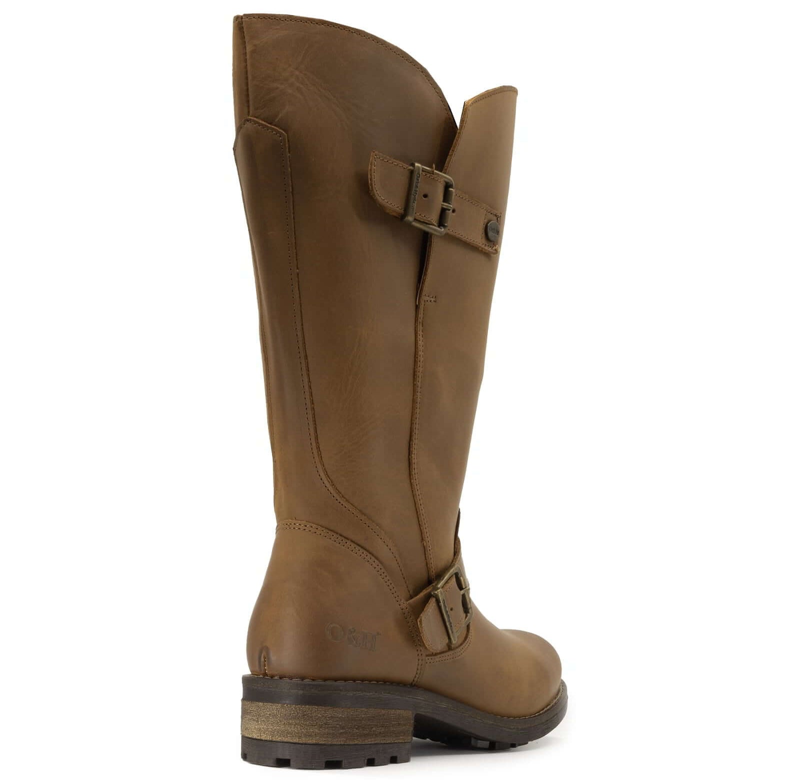 Rear angled view of cognac Crest 2 wide calf boots with stacked heel