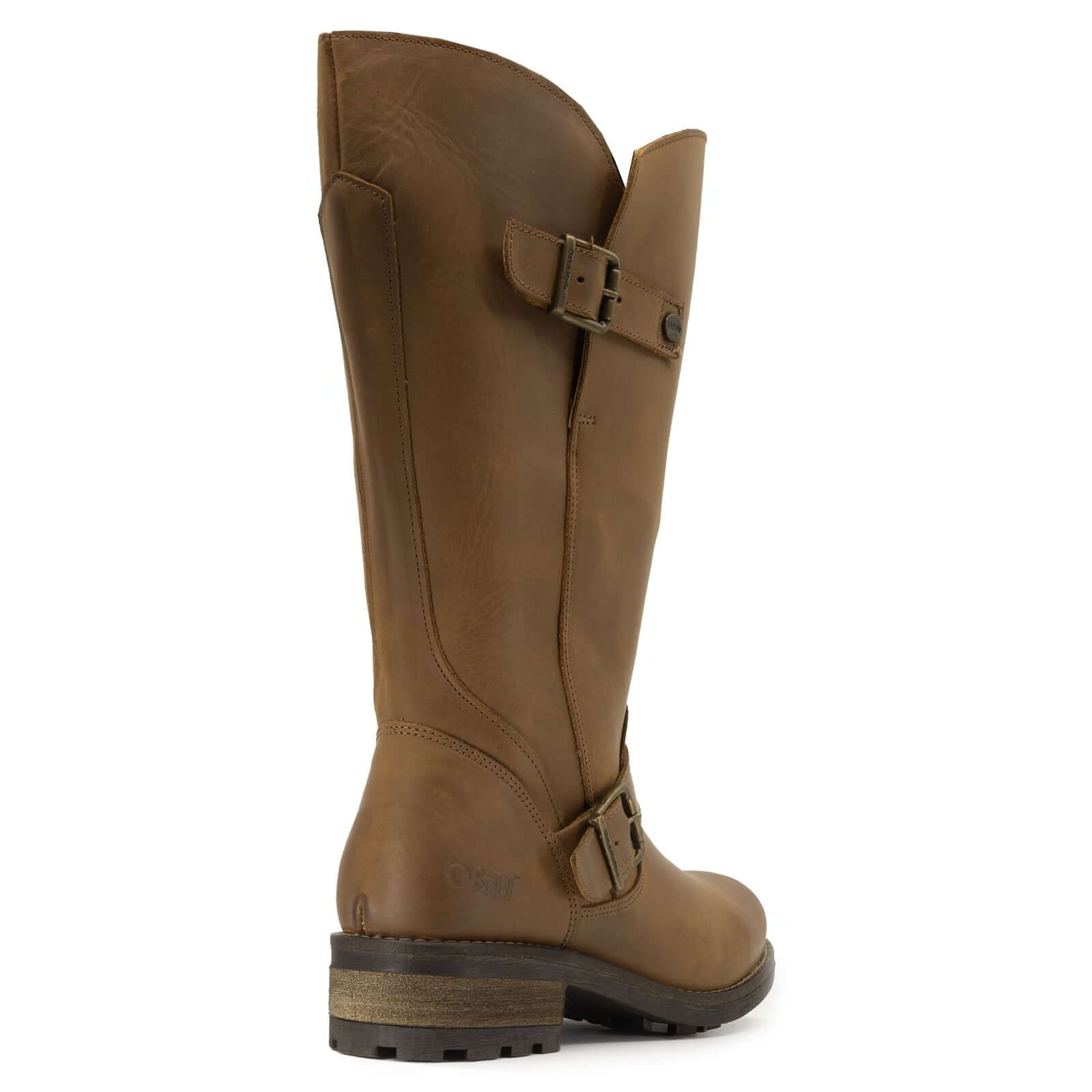 Rear angled view of cognac Crest 2 wide calf boots with stacked heel