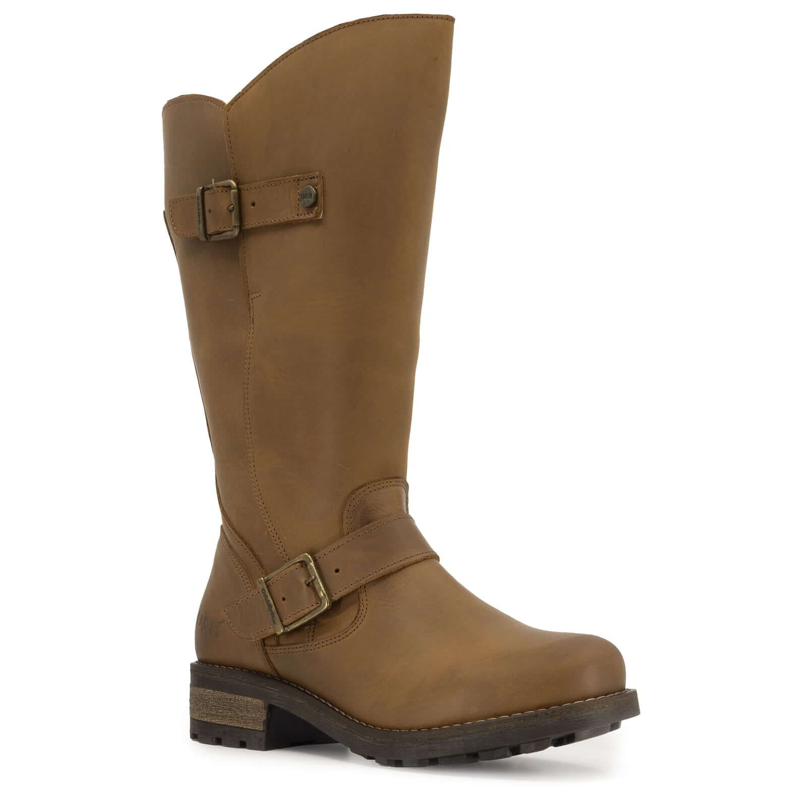 Front angled view of cognac Crest 2 wide calf boots showing ankle buckle