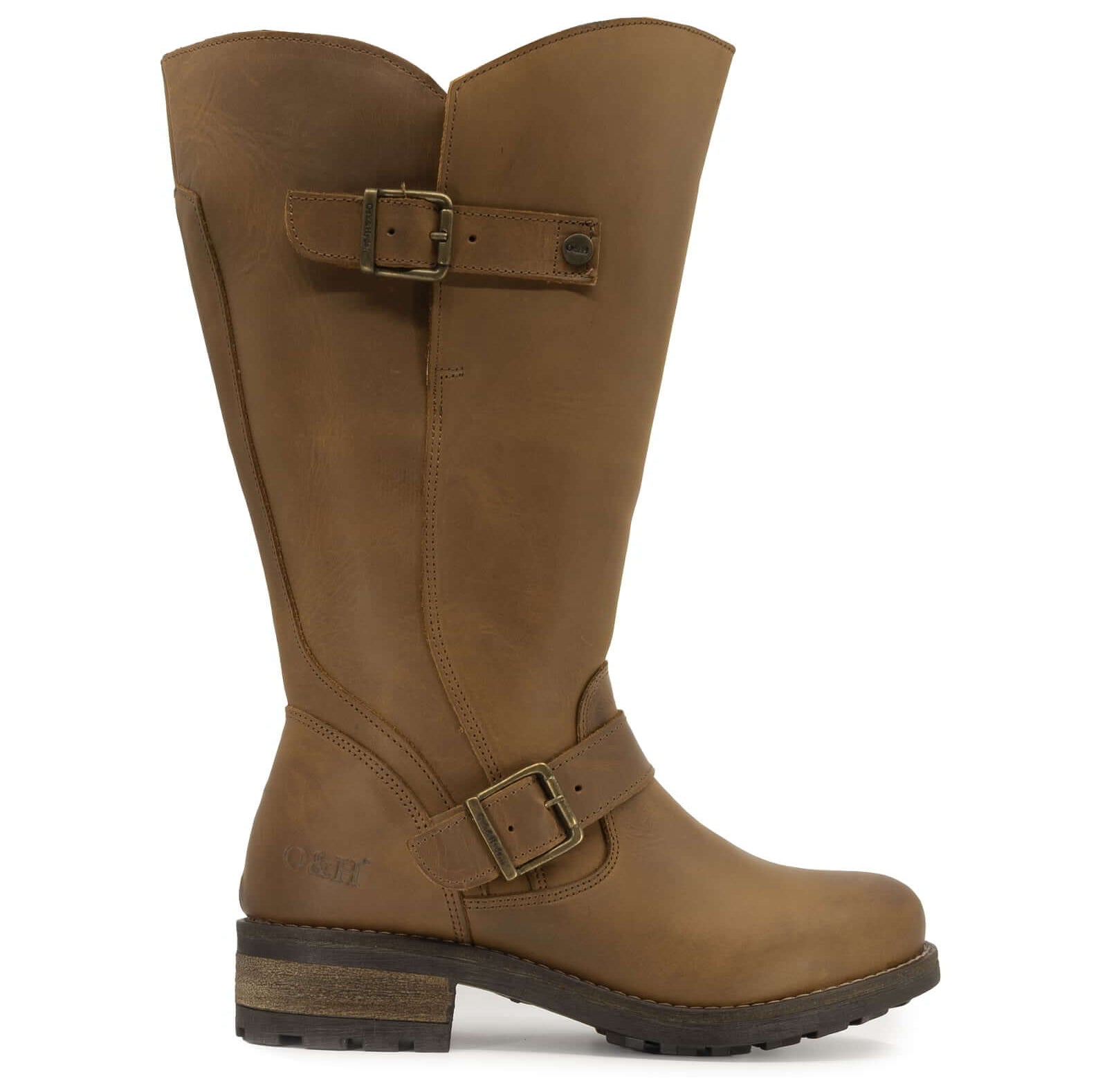 Side profile of cognac Crest 2 wide calf tall boots with buckle detail