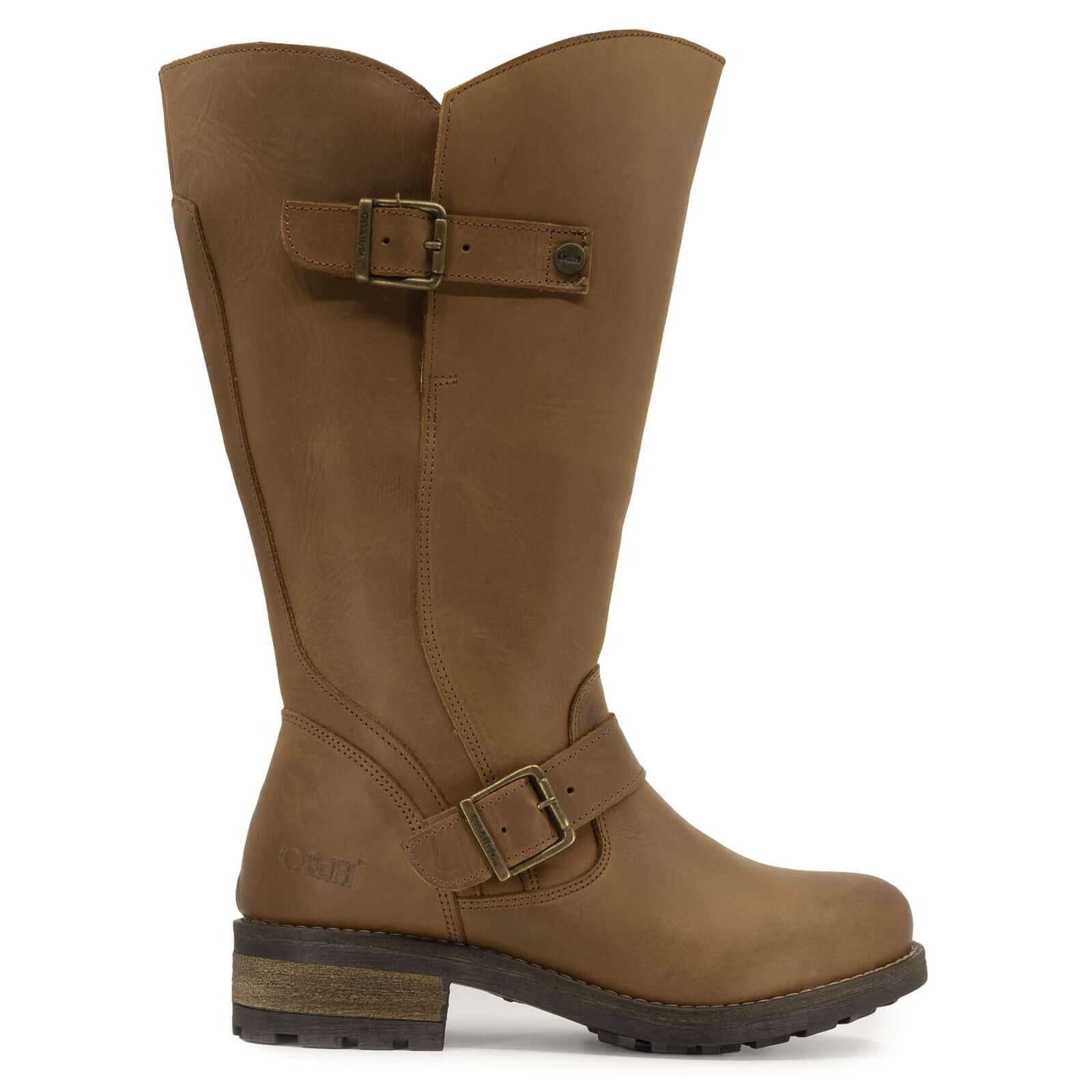 Side profile of cognac Crest 2 wide calf tall boots with buckle detail
