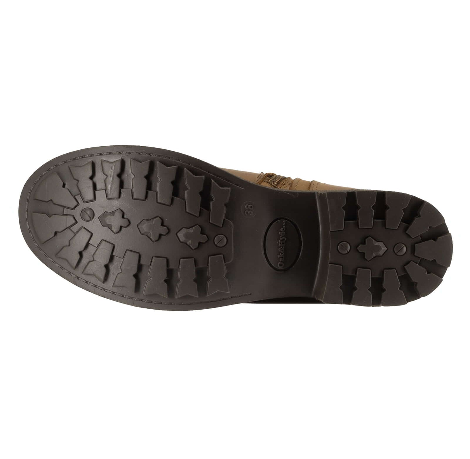 Outsole of cognac Crest 2 wide calf boots showing tread pattern