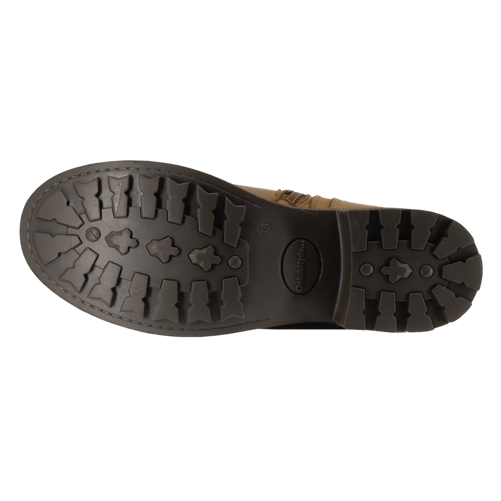 Outsole of cognac Crest 2 wide calf boots showing tread pattern