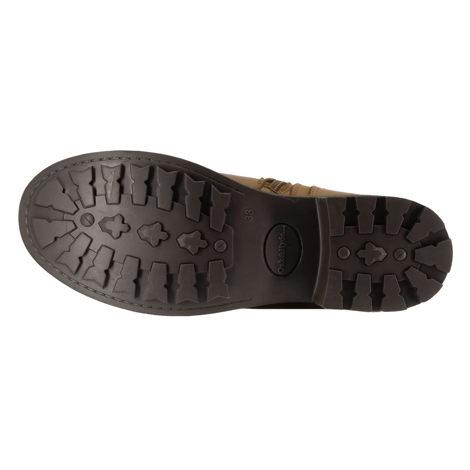 Outsole of cognac Crest 2 wide calf boots showing tread pattern