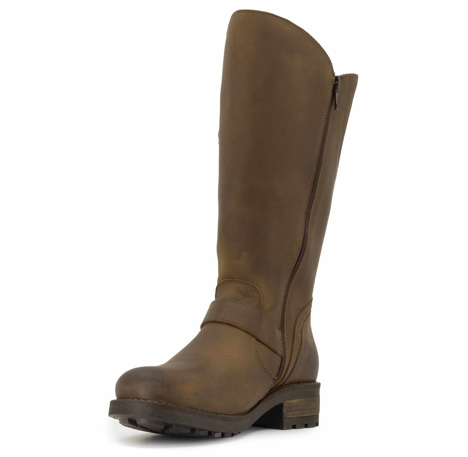 Inner side view of dark brown Crest 2 wide calf boots showing zip fastening
