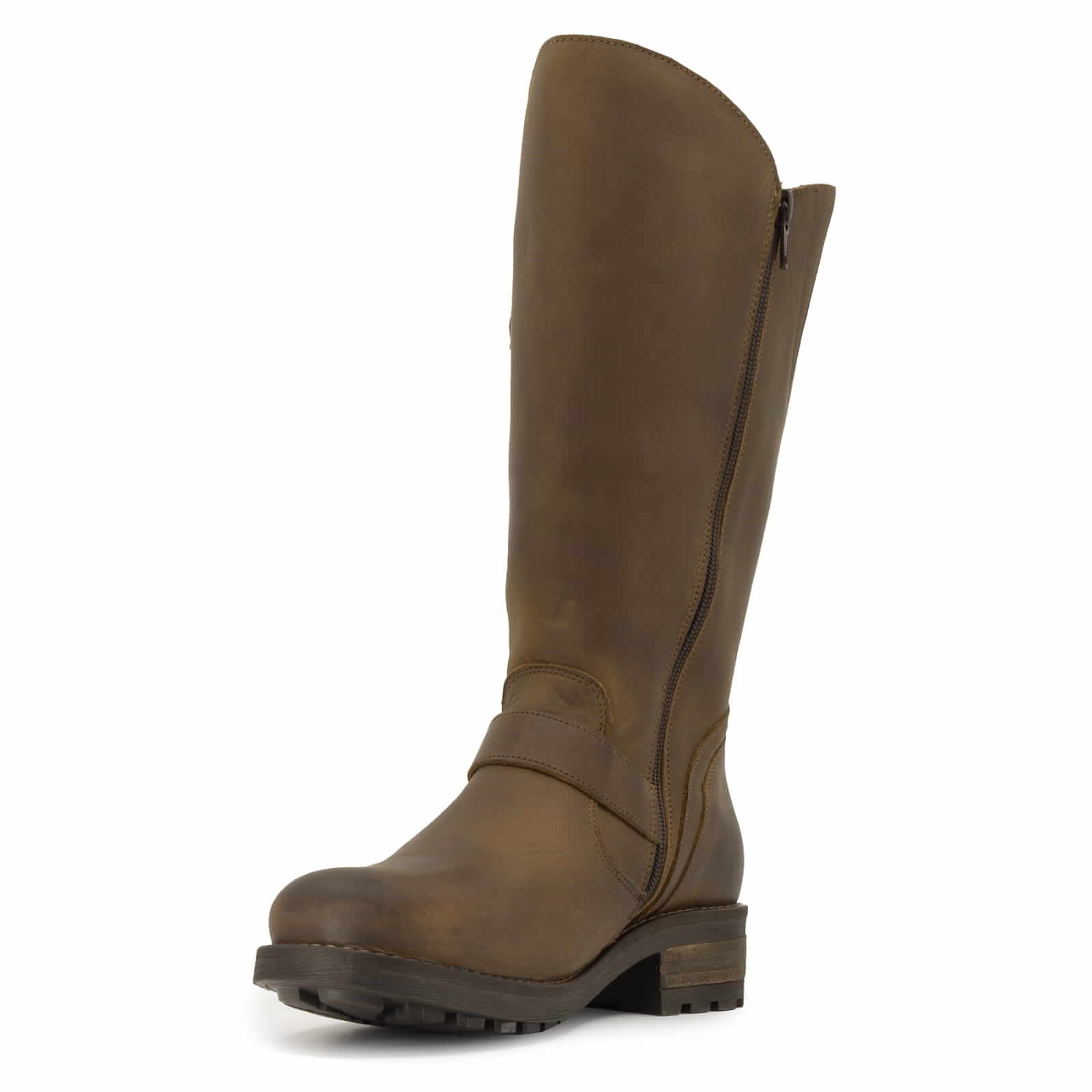 Inner side view of dark brown Crest 2 wide calf boots showing zip fastening