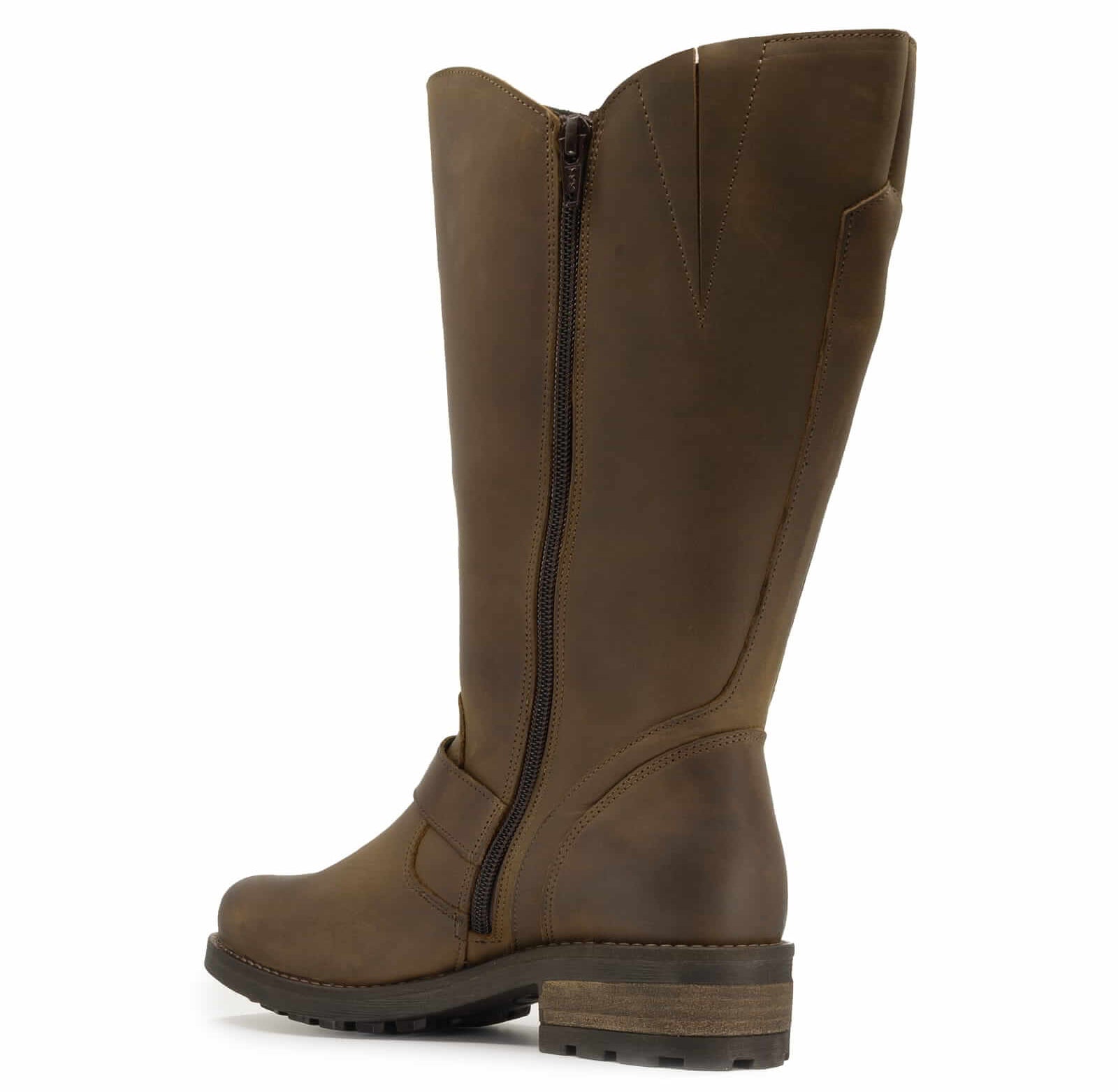 inside angled view of crest 2 wide calf in dark brown showing inside zip