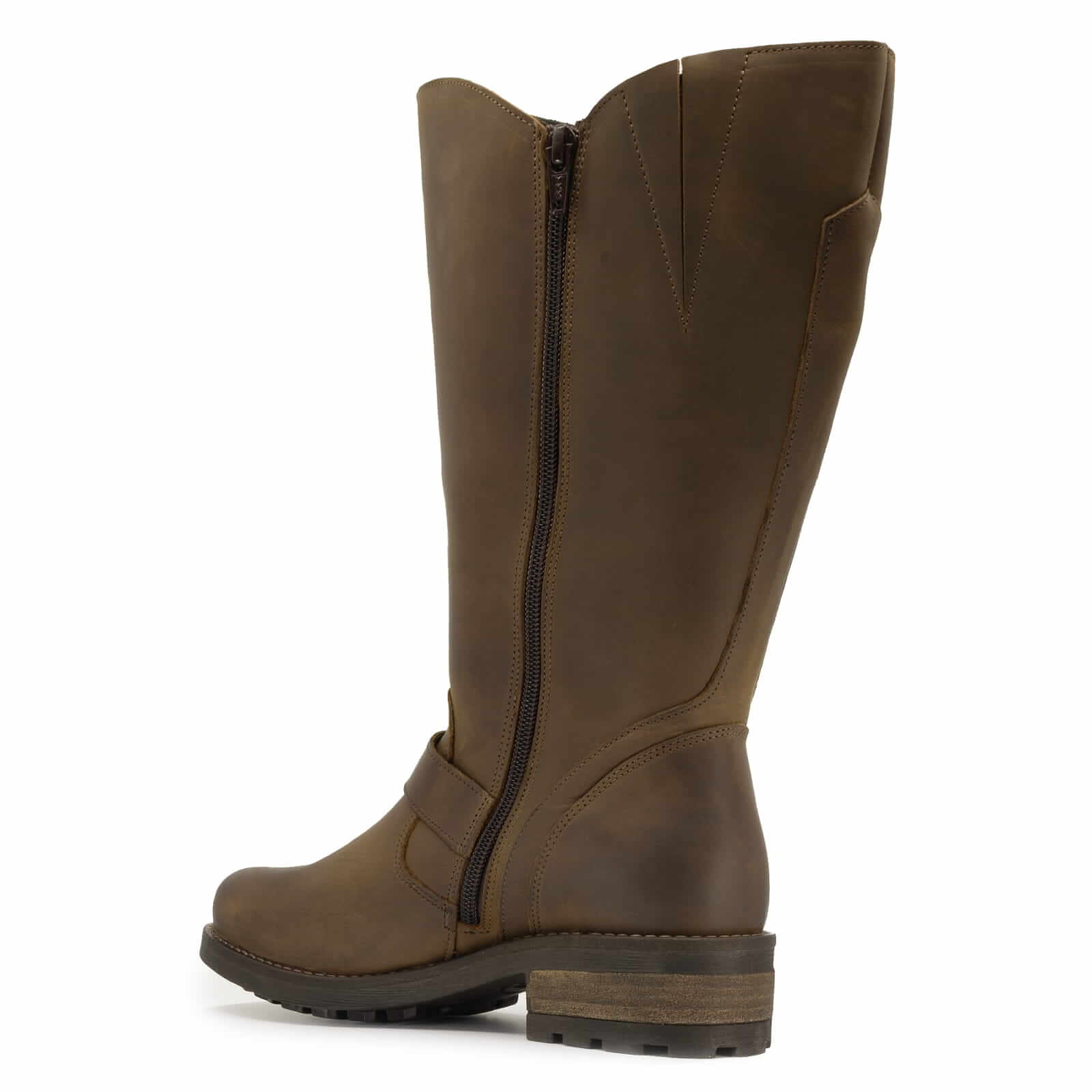 inside angled view of crest 2 wide calf in dark brown showing inside zip