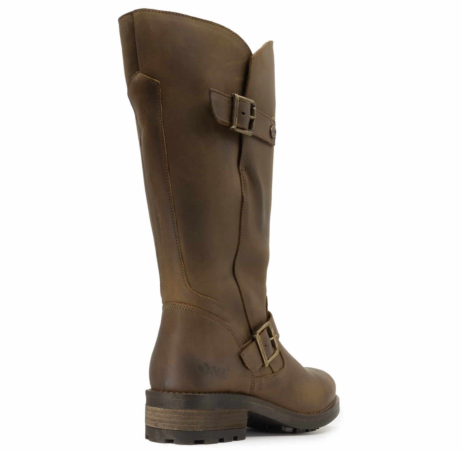 Rear angled view of dark brown Crest 2 wide calf boots with stacked heel