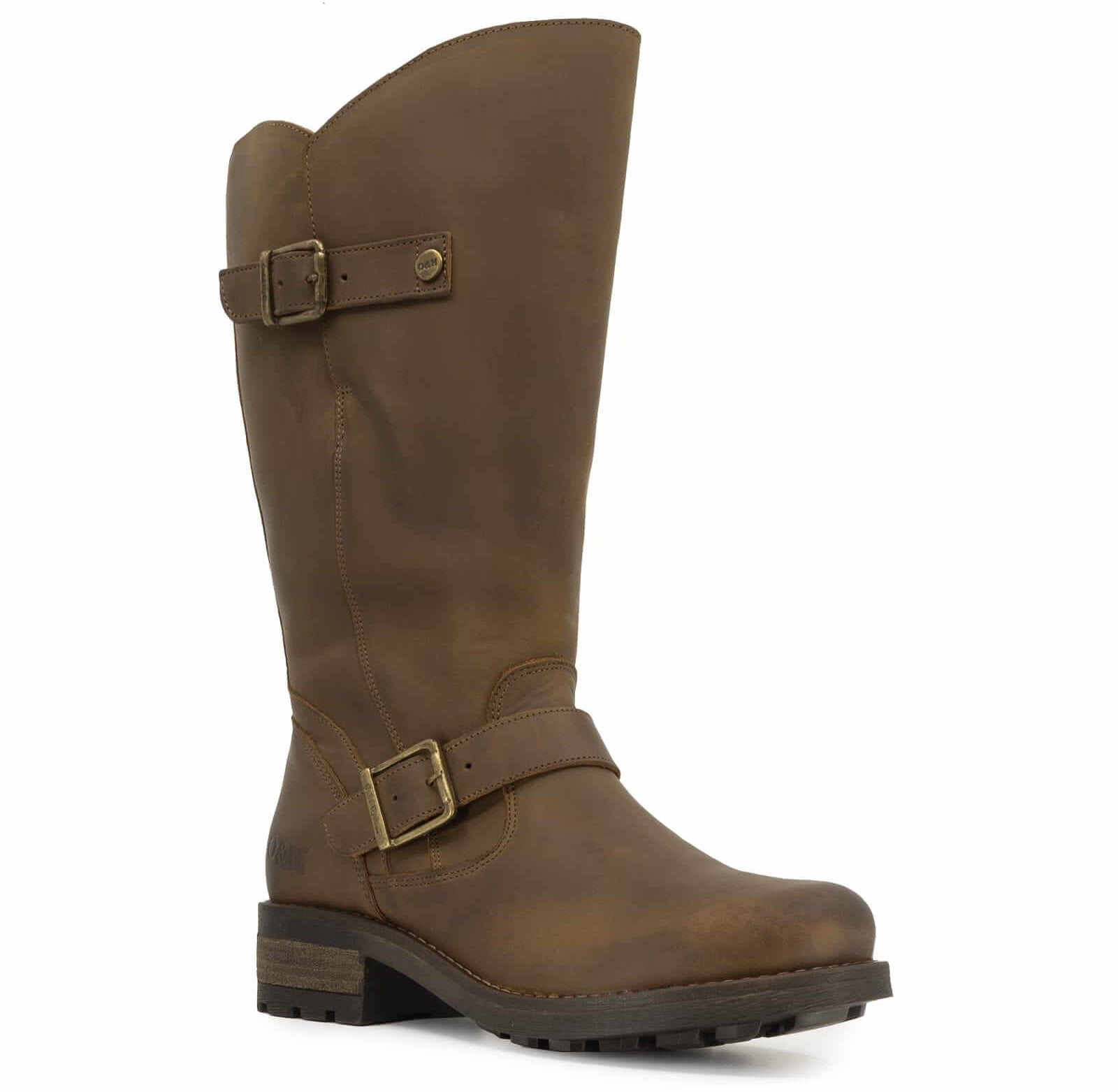 Front angled view of dark brown Crest 2 wide calf boots showing ankle buckle