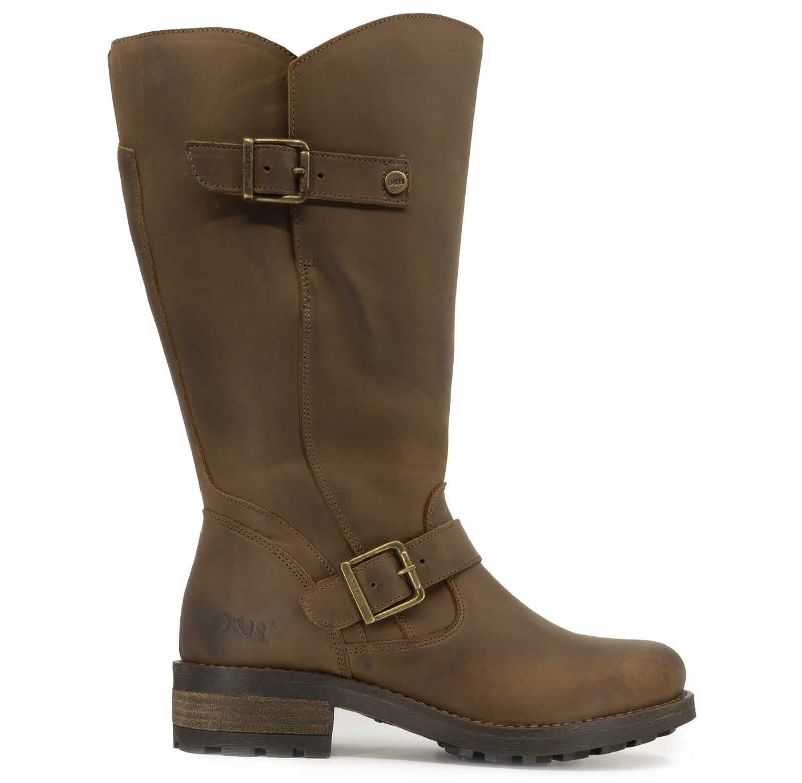 Side view of dark brown Crest 2 wide calf boots showing buckles and sole