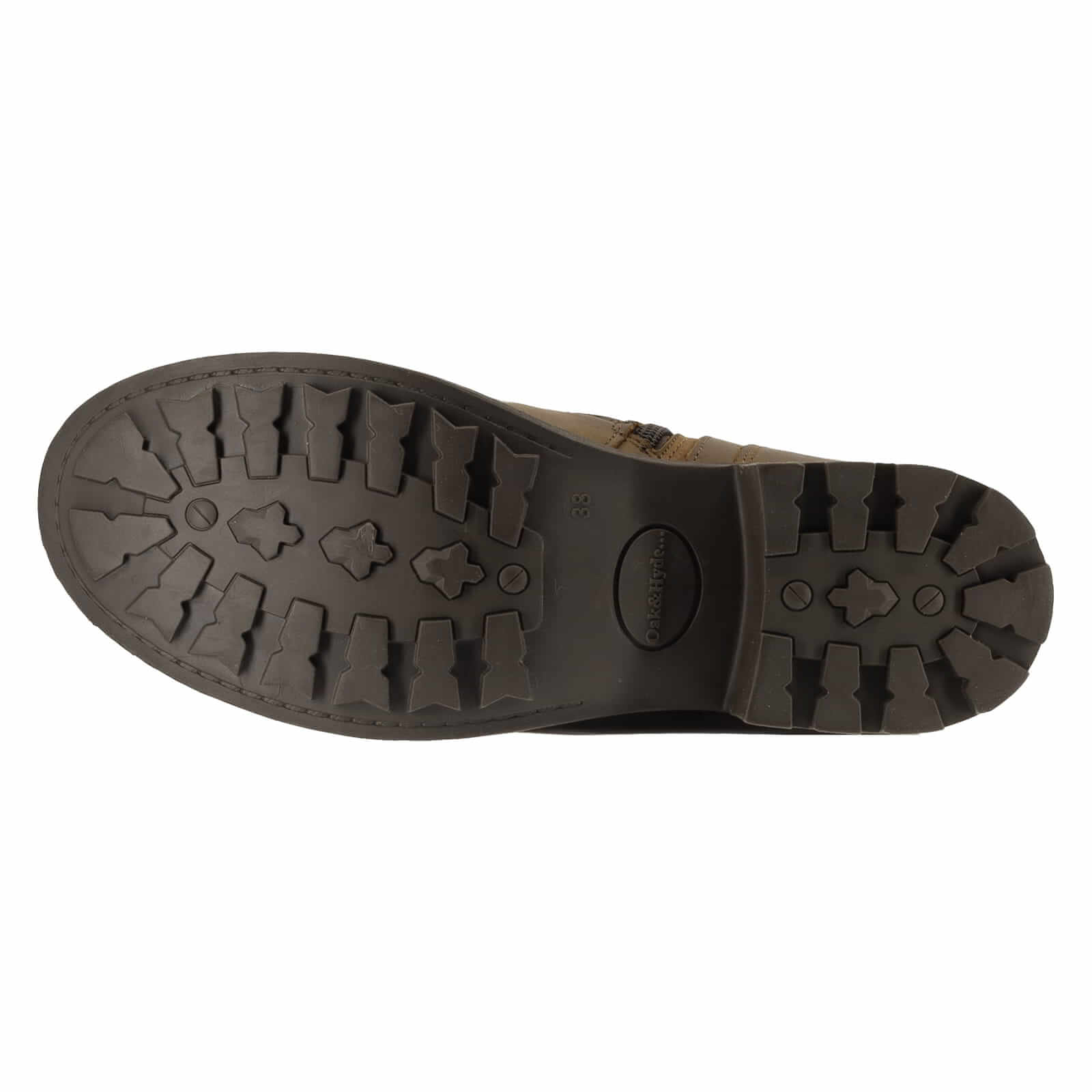 Outsole of dark brown Crest 2 wide calf boots showing tread pattern