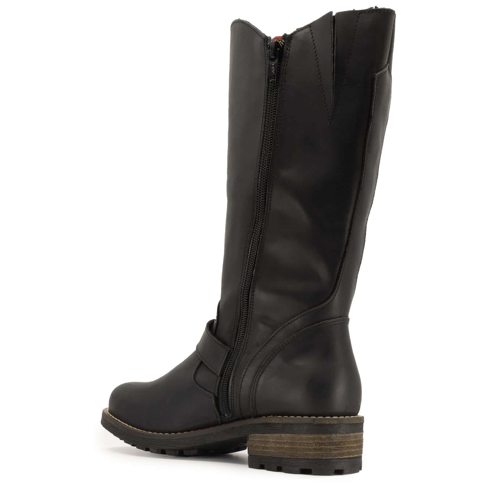 inner side view of black crest 2 tall boots showing full inside zip