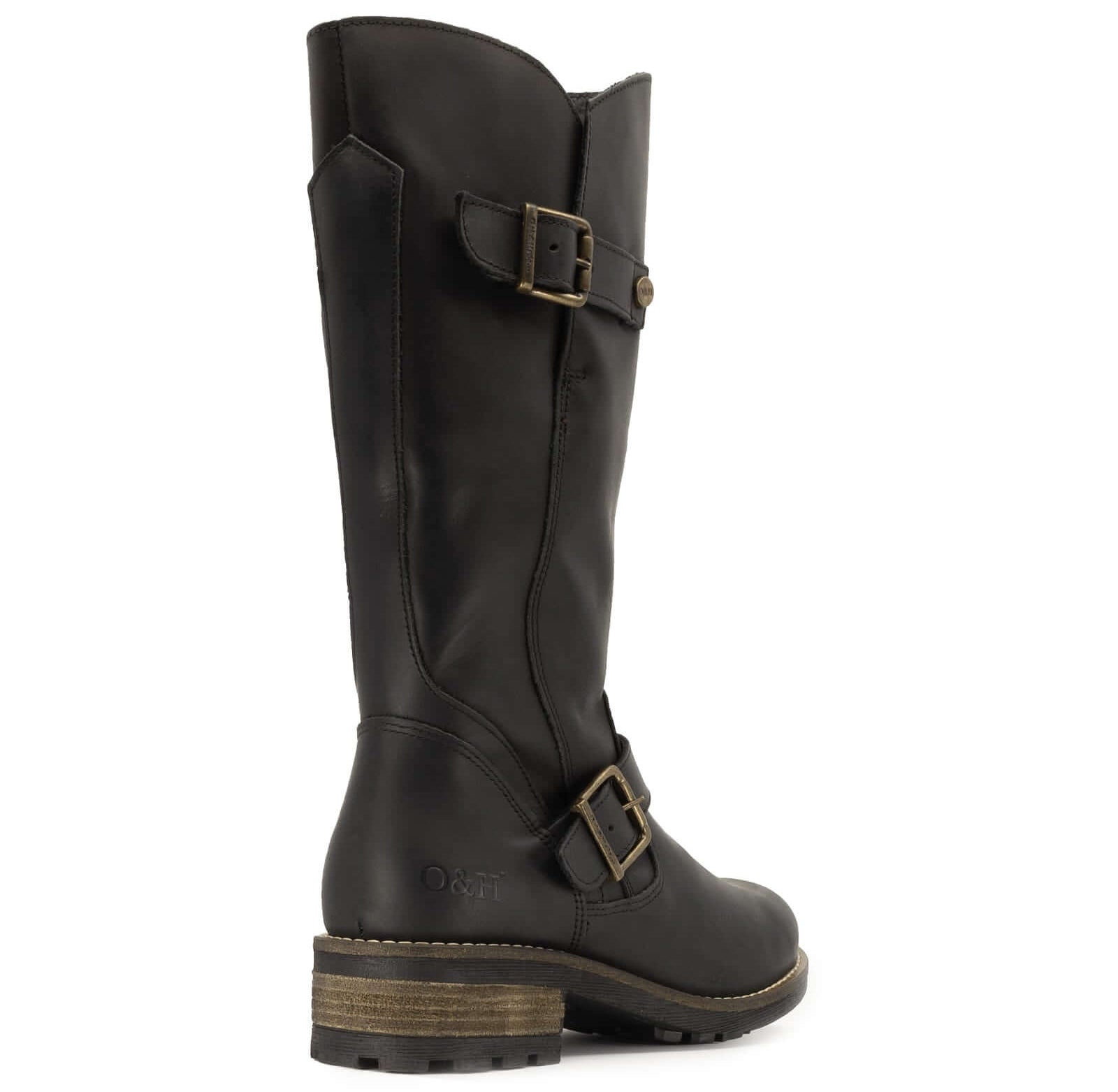 Rear angled view of black Crest 2 tall boots with stacked heel