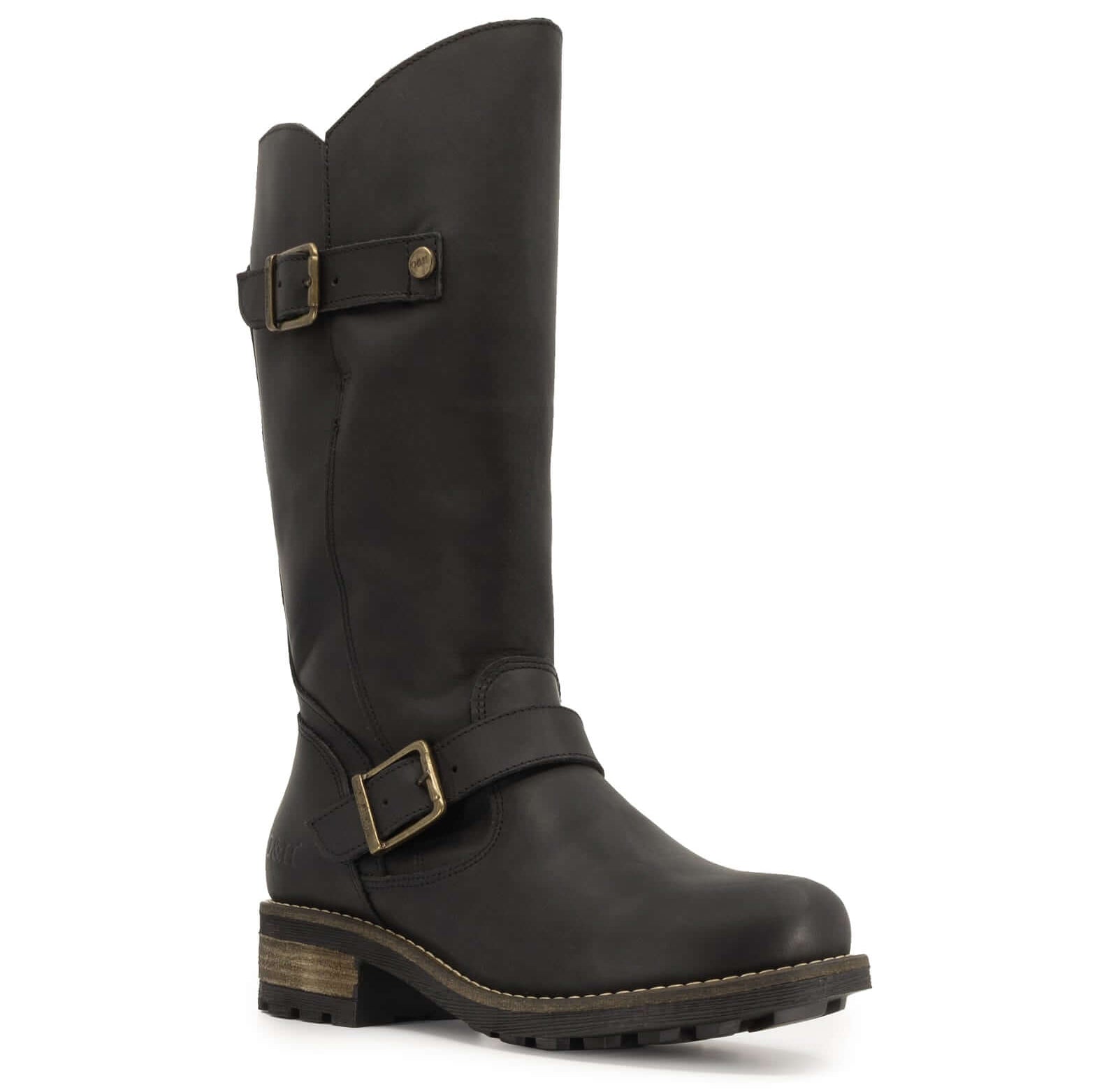 Front angled view of black Crest 2 tall buckle boots