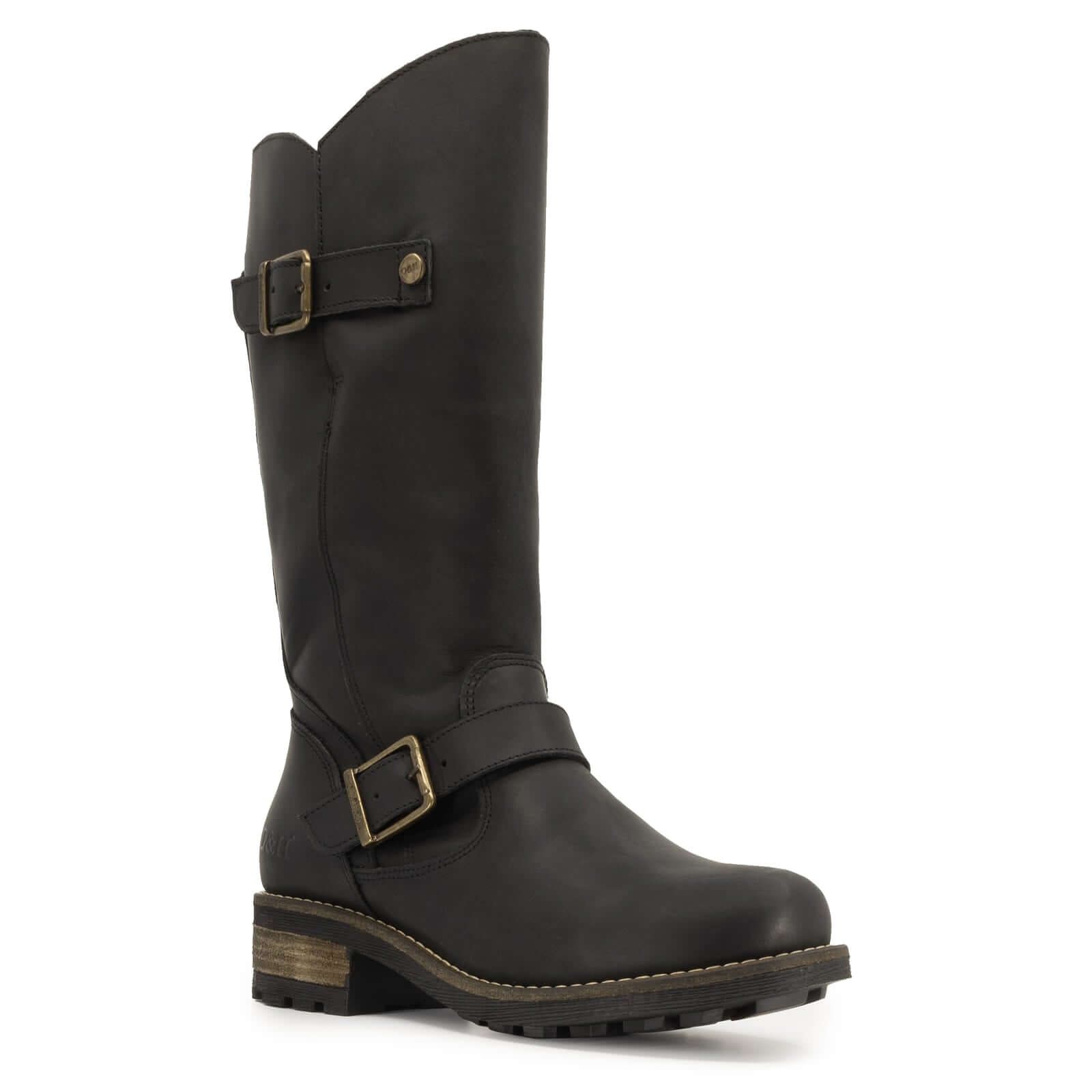 Front angled view of black Crest 2 tall buckle boots