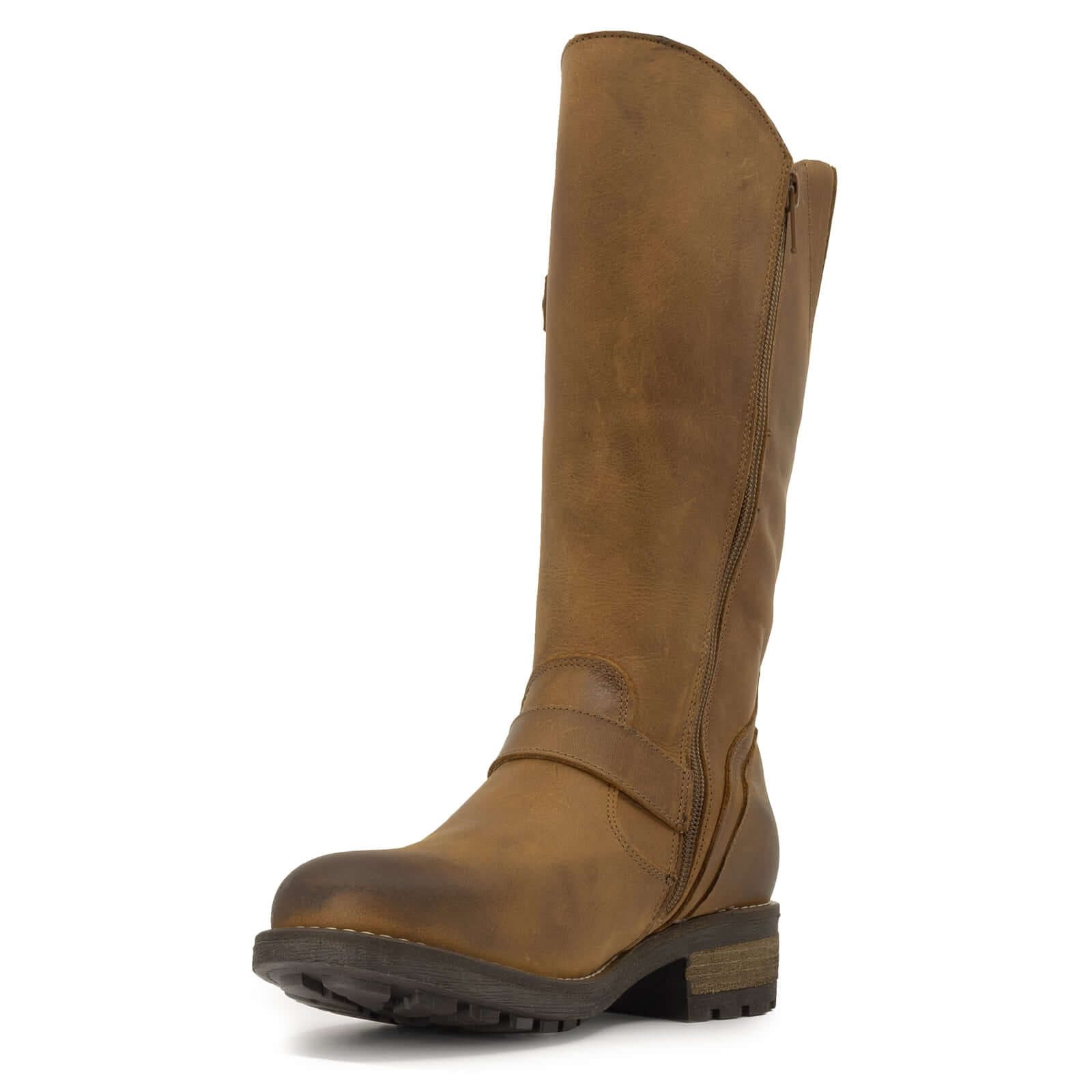 front angled view of crest 2 tall boots in cognac showing toe and inside zip