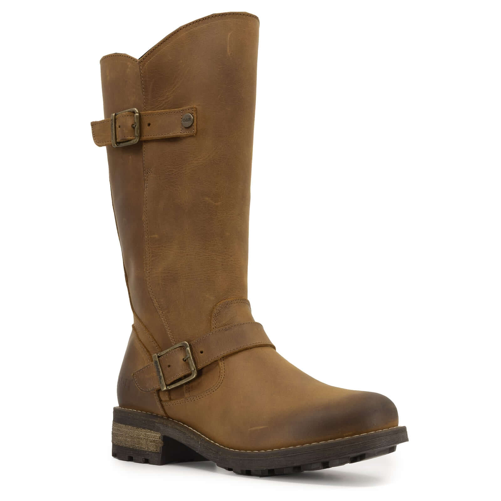 Outer side view of Crest 2 tall boots in Frexio cognac highlighting ankle buckle