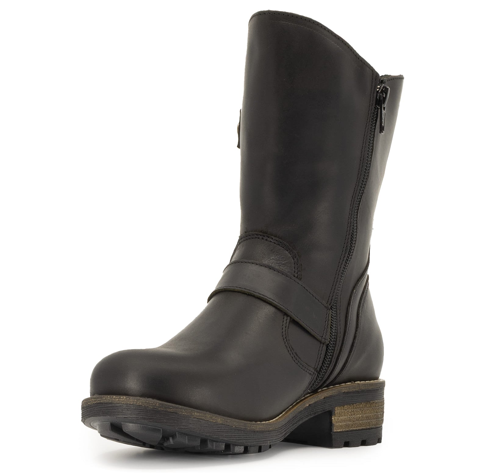 Angled zip side view of black Crest Demi 2 ankle boots showing stitching detail