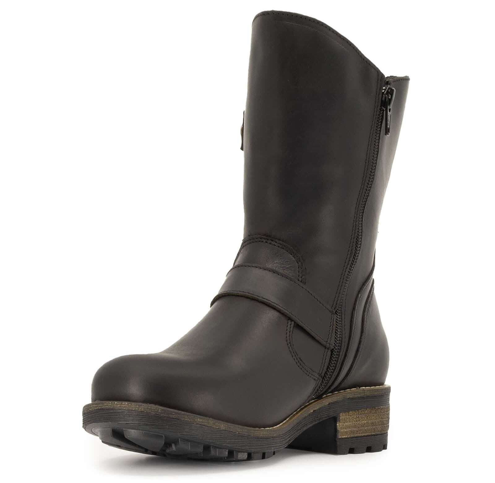 Angled zip side view of black Crest Demi 2 ankle boots showing stitching detail